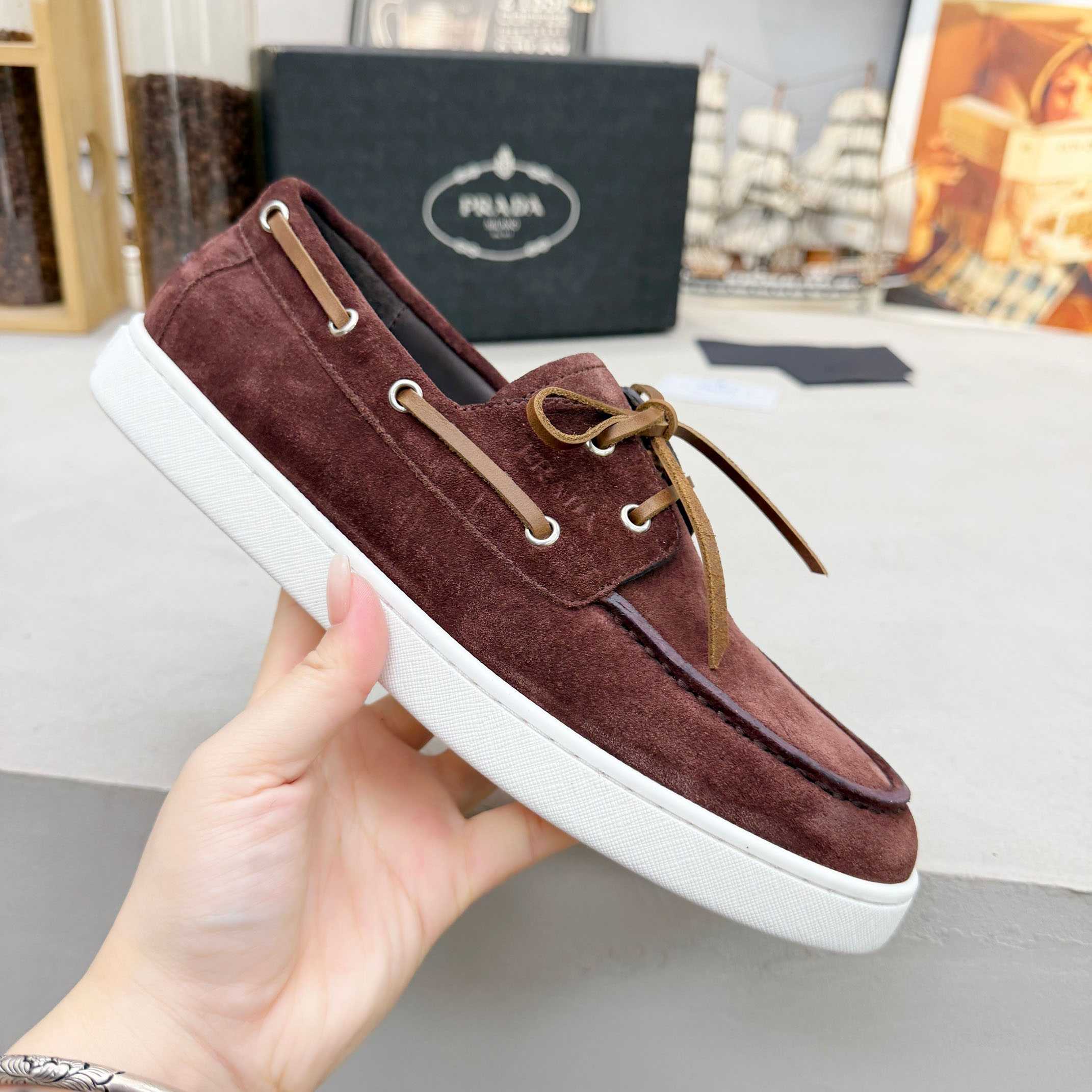 Prada Suede Boat Shoes With Laces - FashionPlug