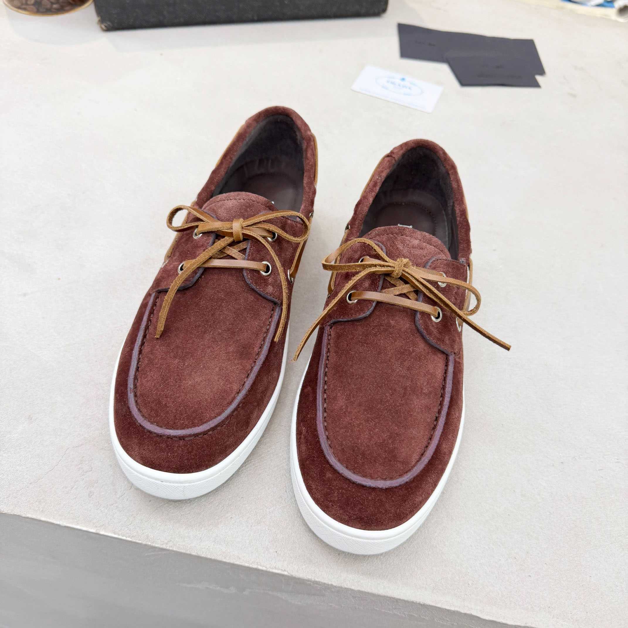 Prada Suede Boat Shoes With Laces - FashionPlug