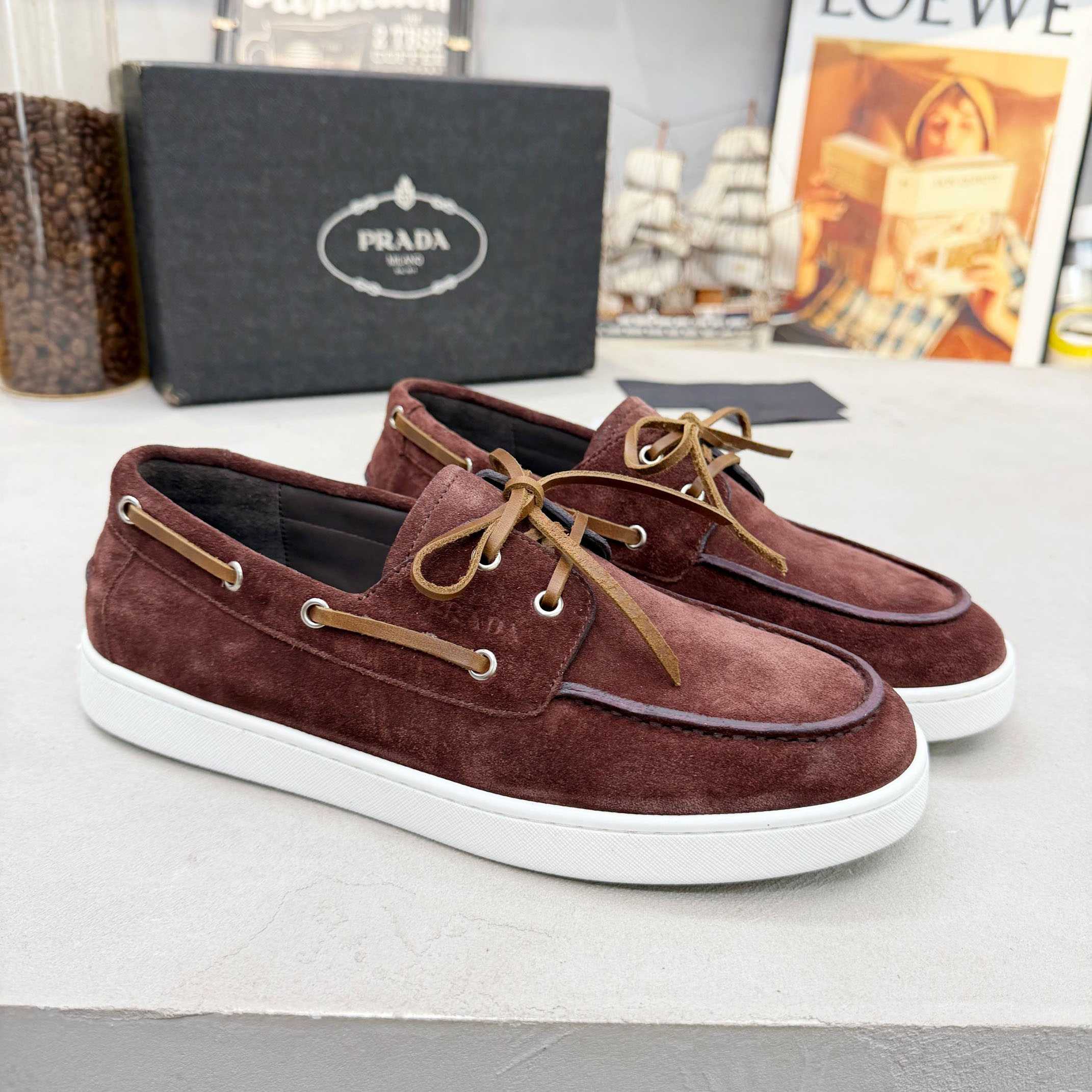 Prada Suede Boat Shoes With Laces - FashionPlug