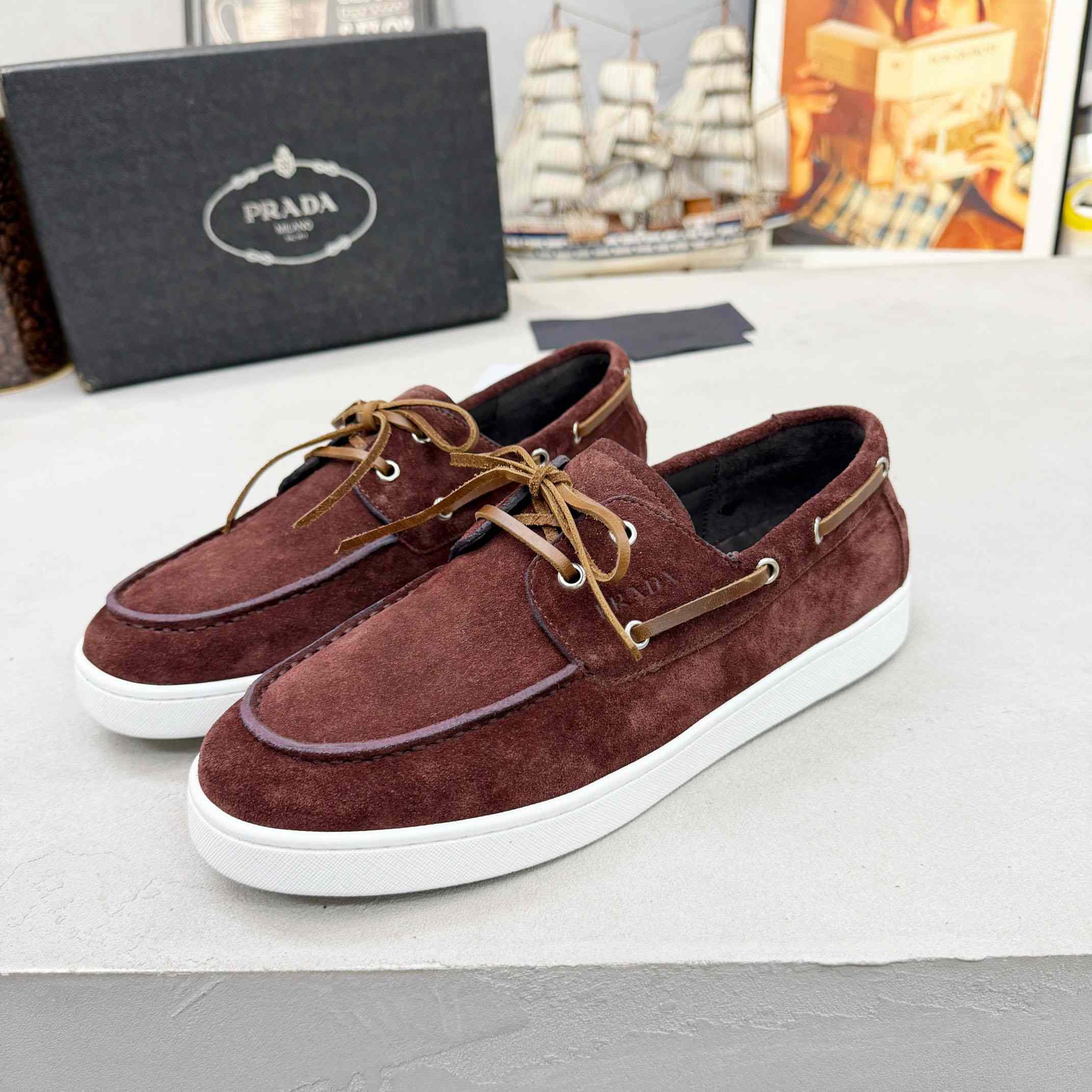 Prada Suede Boat Shoes With Laces - FashionPlug