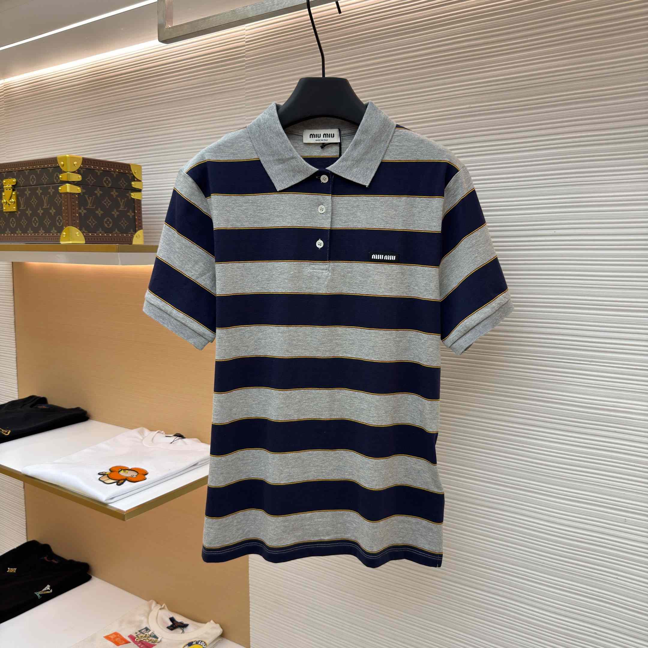 Miu Miu Striped Jersey Polo Shirt - FashionPlug
