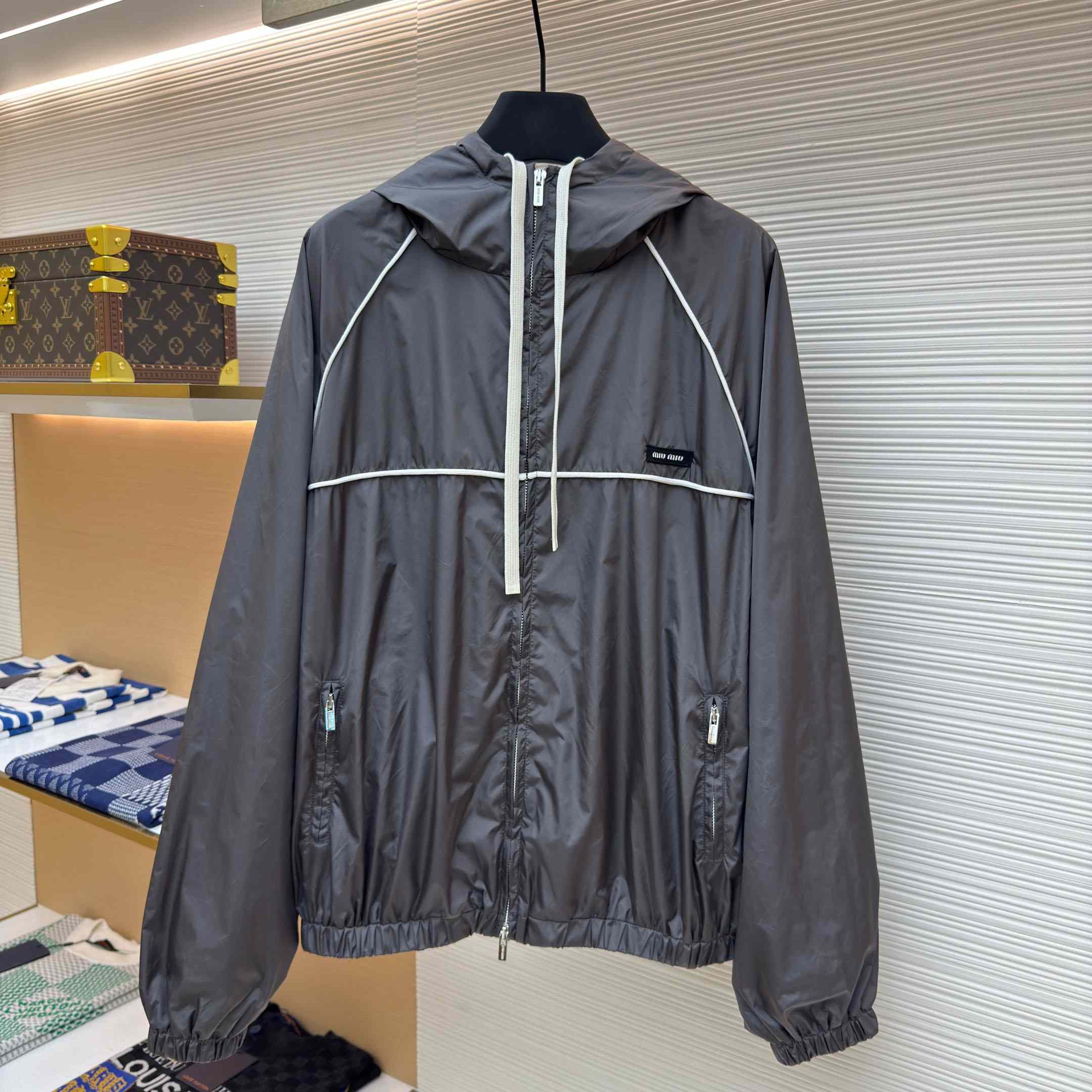 Miu Miu Gray Technical Silk Zipper Jacket - FashionPlug