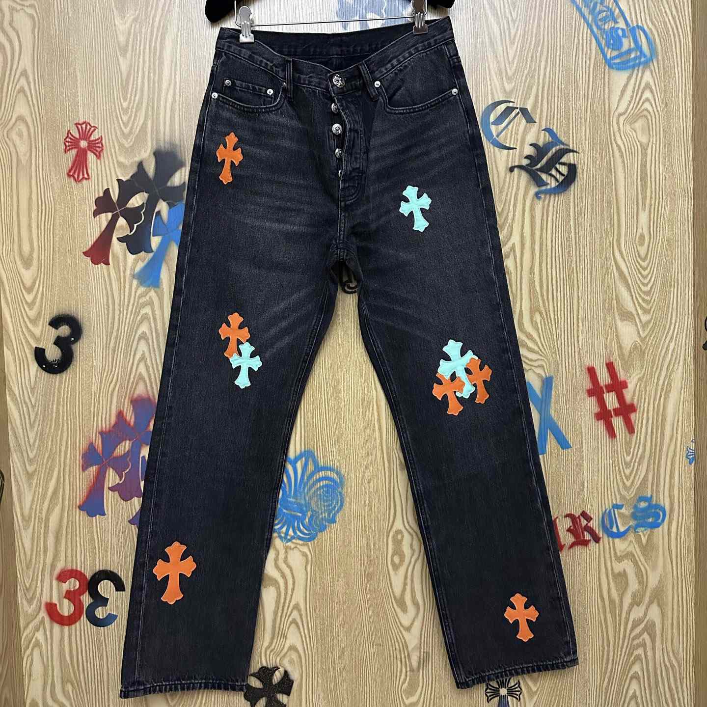 Chrome Hearts Levi's 501 Orange&Green Miami Cross Leather Patch Black Jeans - FashionPlug