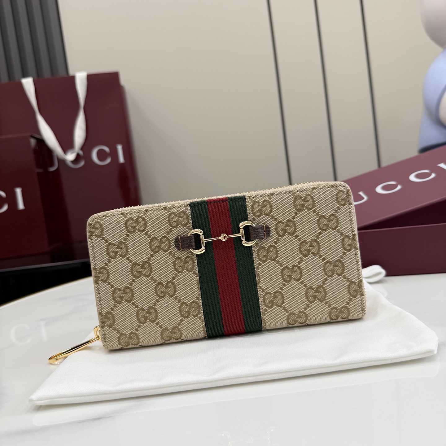 Gucci Horsebit Web Zip Around Wallet - FashionPlug