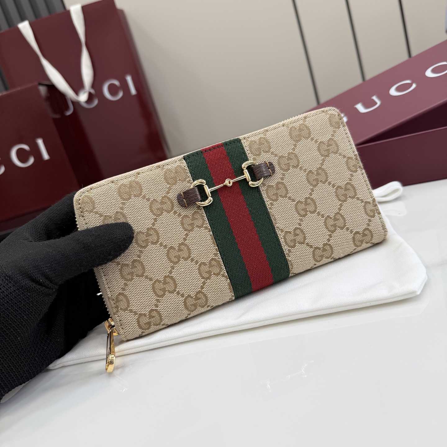 Gucci Horsebit Web Zip Around Wallet - FashionPlug