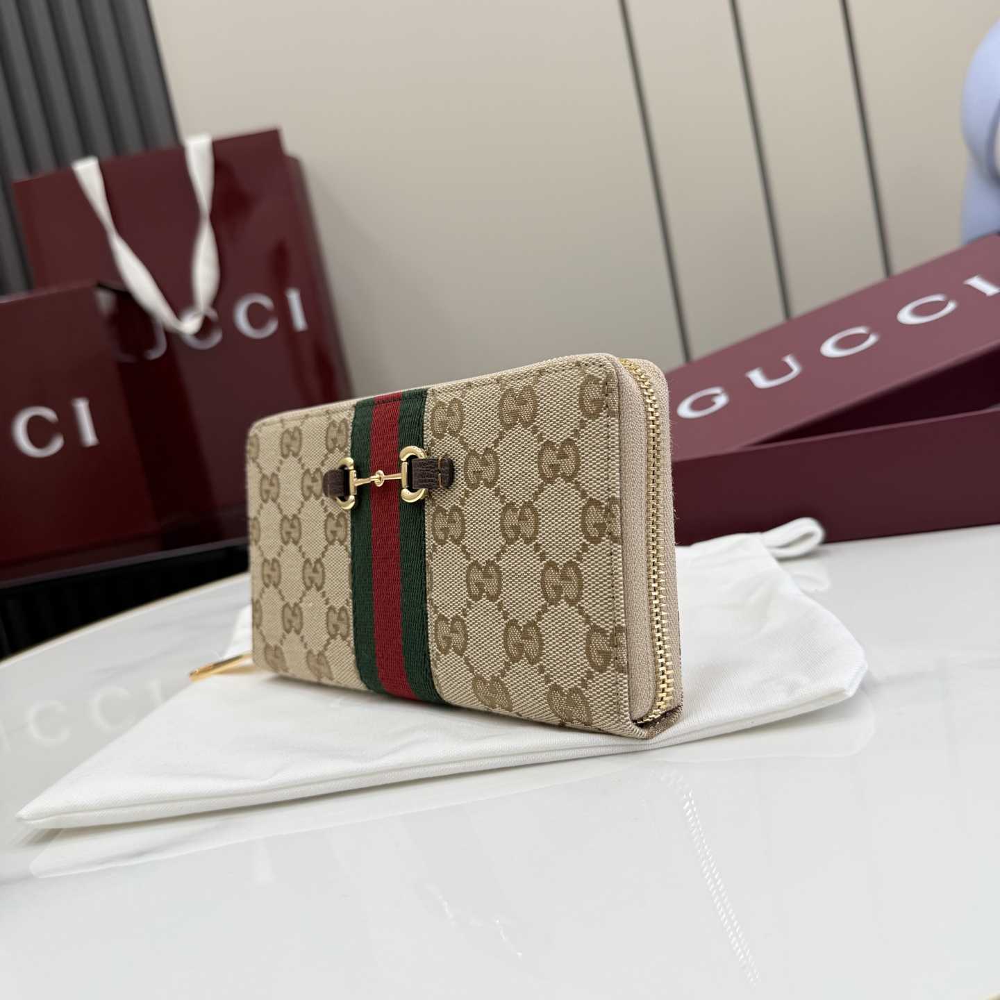 Gucci Horsebit Web Zip Around Wallet - FashionPlug