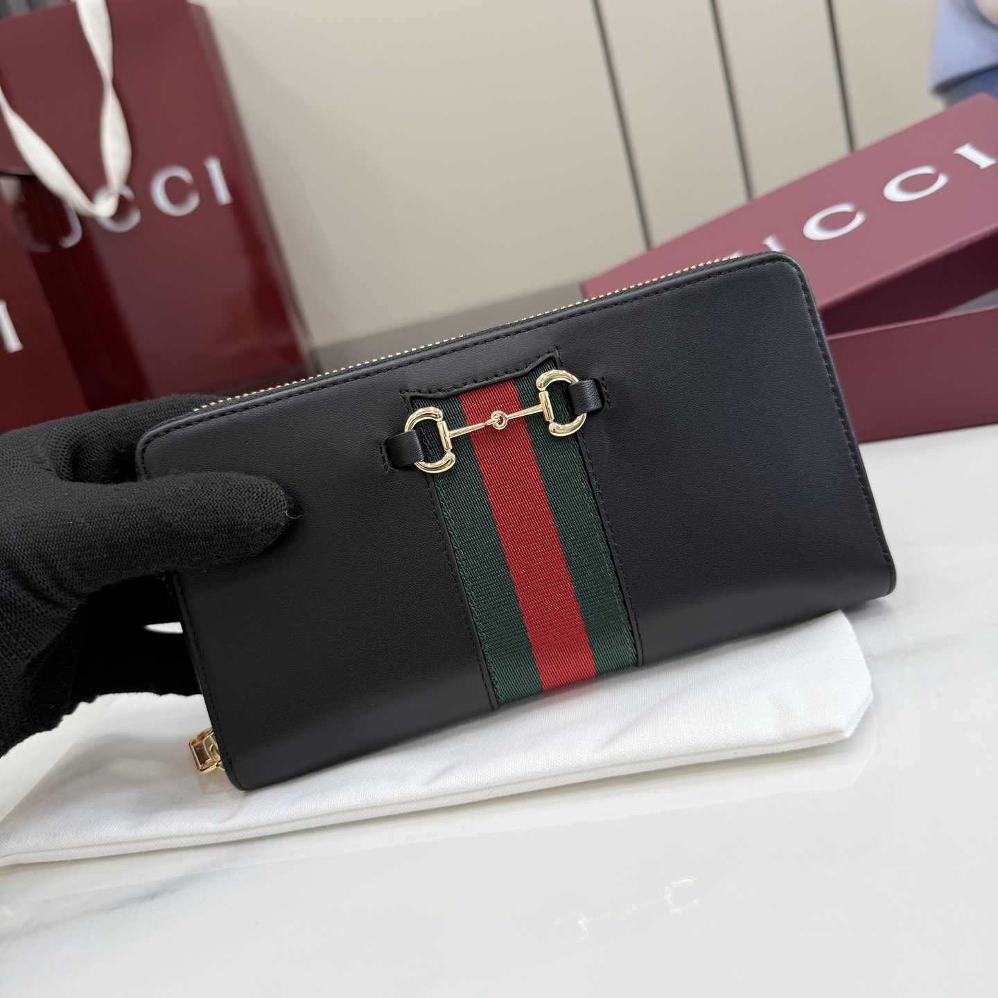 Gucci Horsebit Web Zip Around Wallet - FashionPlug