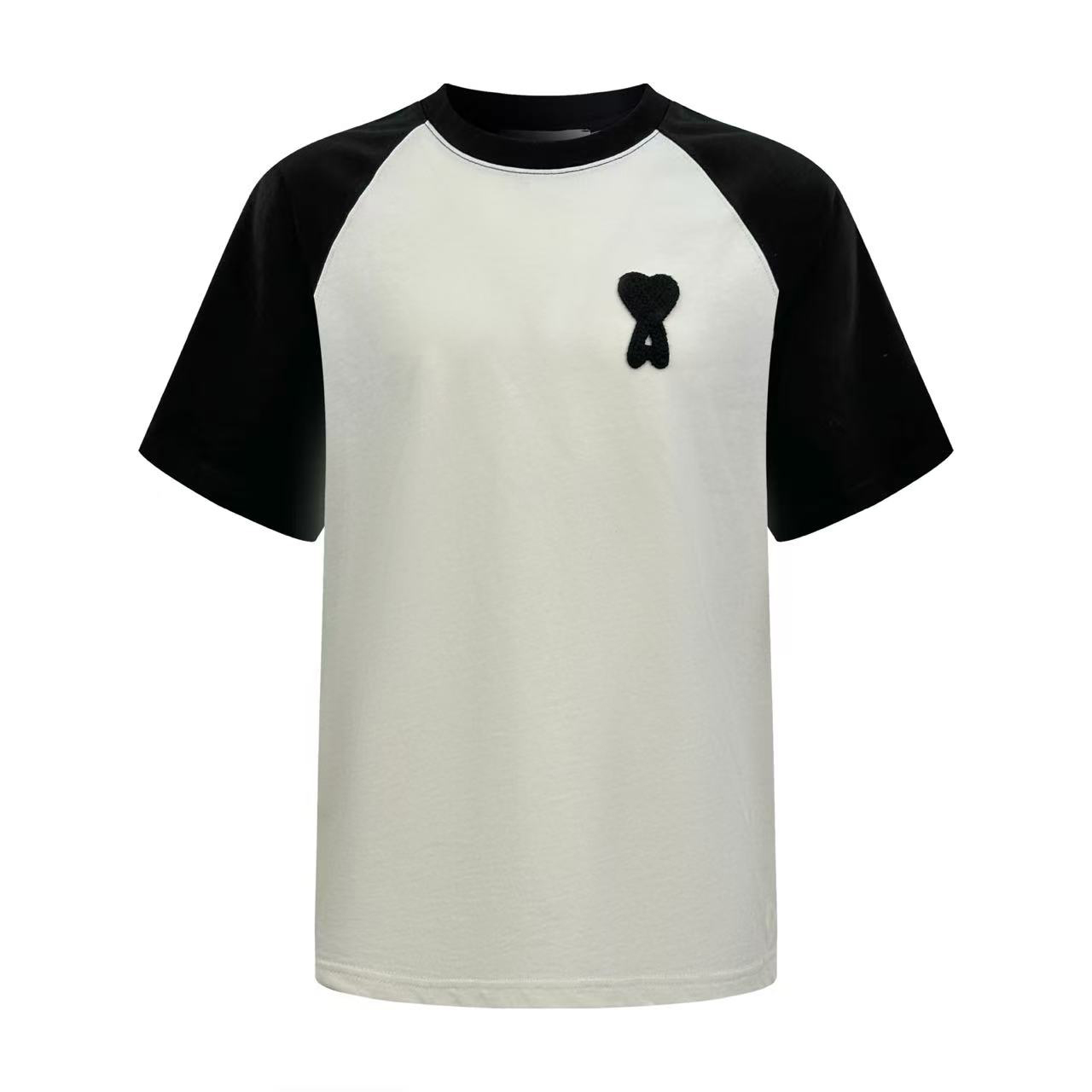 AMI Paris White And Black Cotton Ami De Coeur Knitted Patch T-shirt - FashionPlug