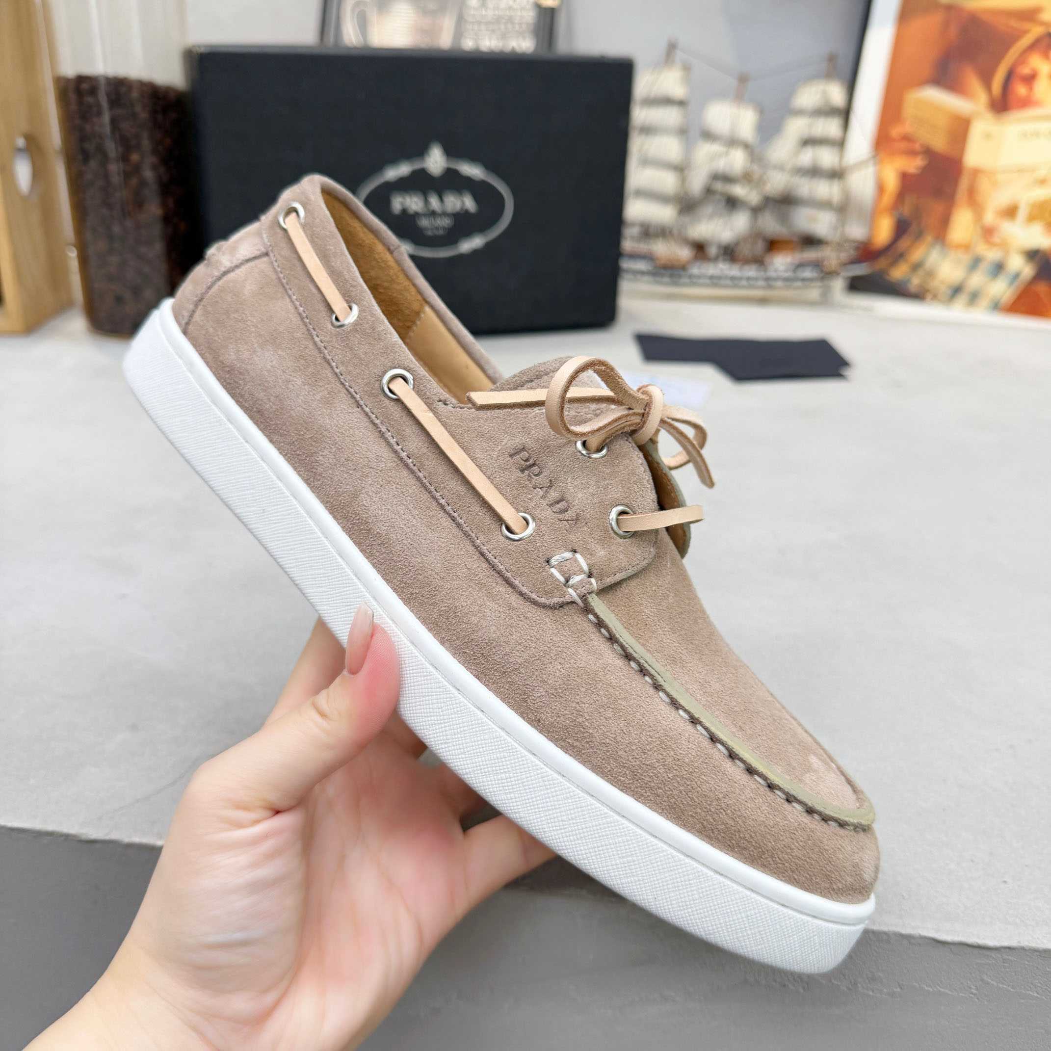 Prada Suede Boat Shoes With Laces - FashionPlug