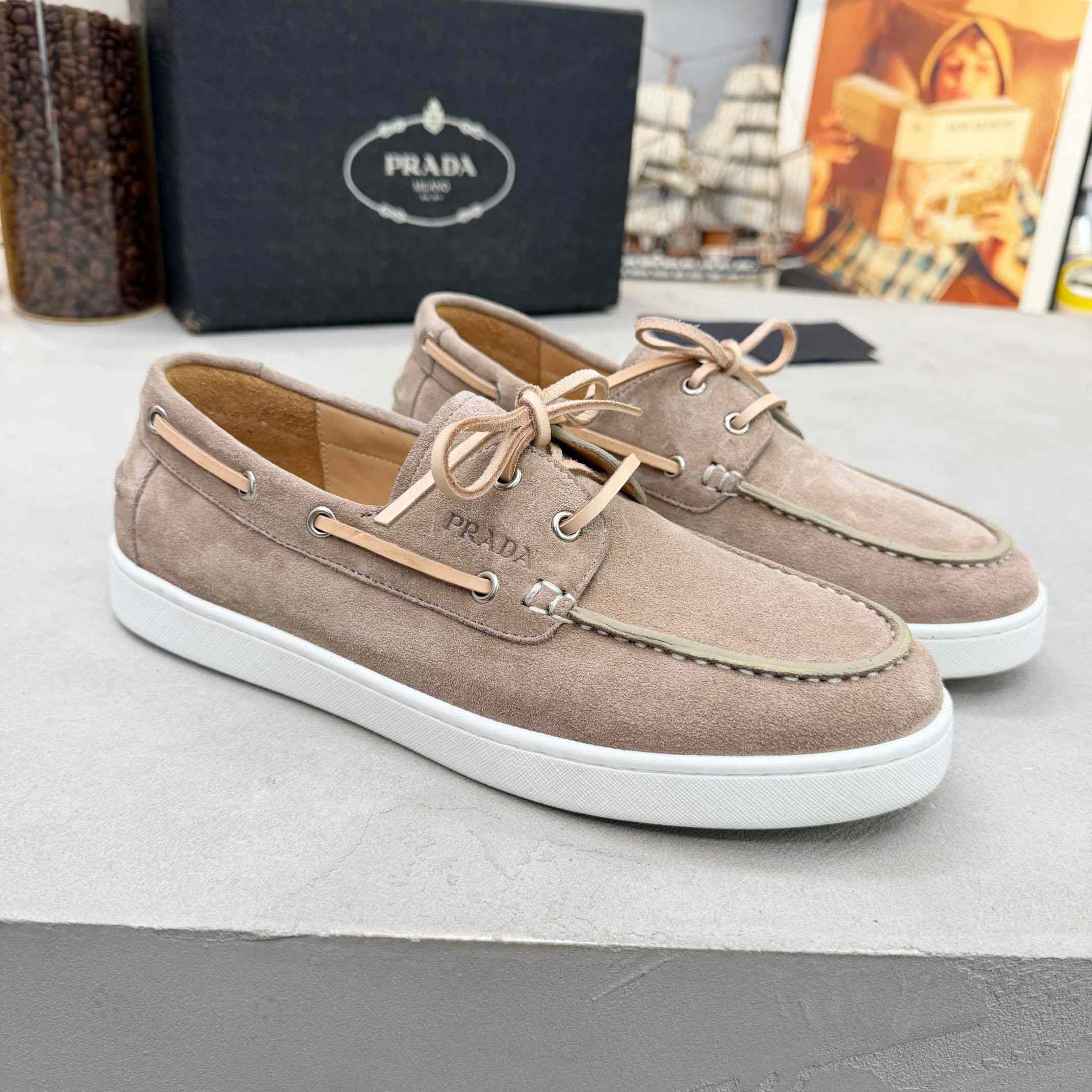 Prada Suede Boat Shoes With Laces - FashionPlug