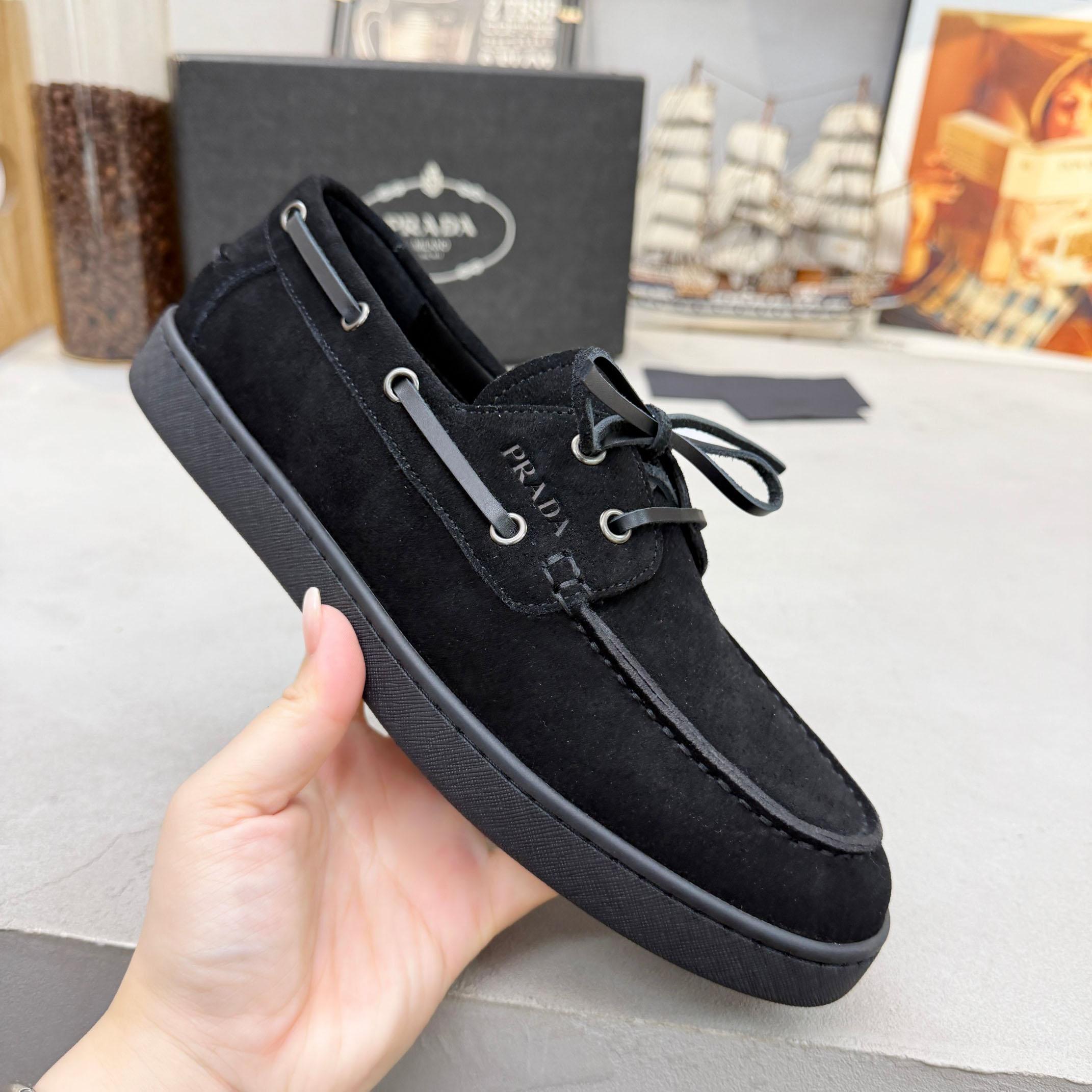 Prada Suede Boat Shoes With Laces - FashionPlug