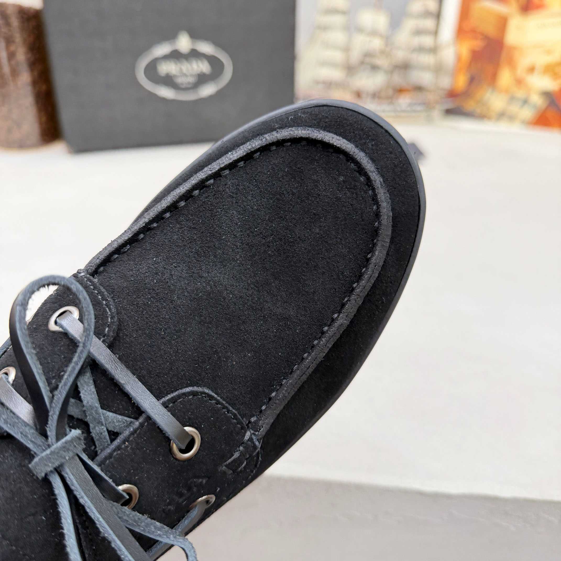 Prada Suede Boat Shoes With Laces - FashionPlug