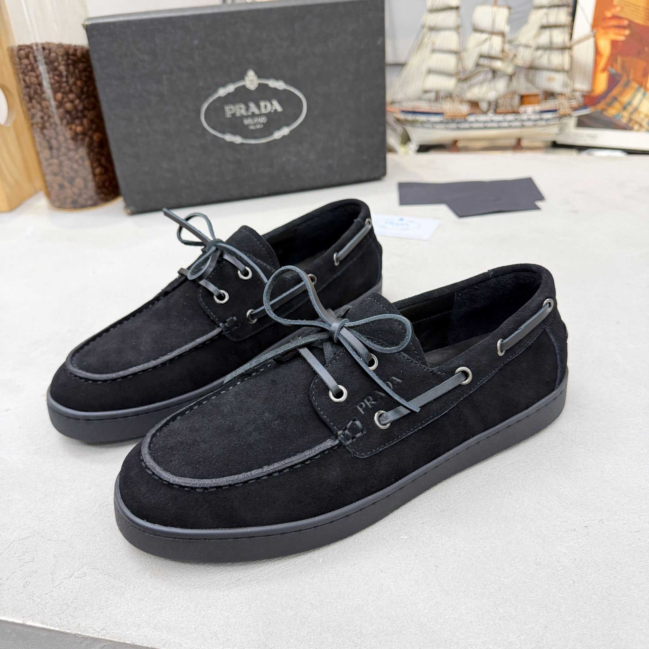 Prada Suede Boat Shoes With Laces - FashionPlug
