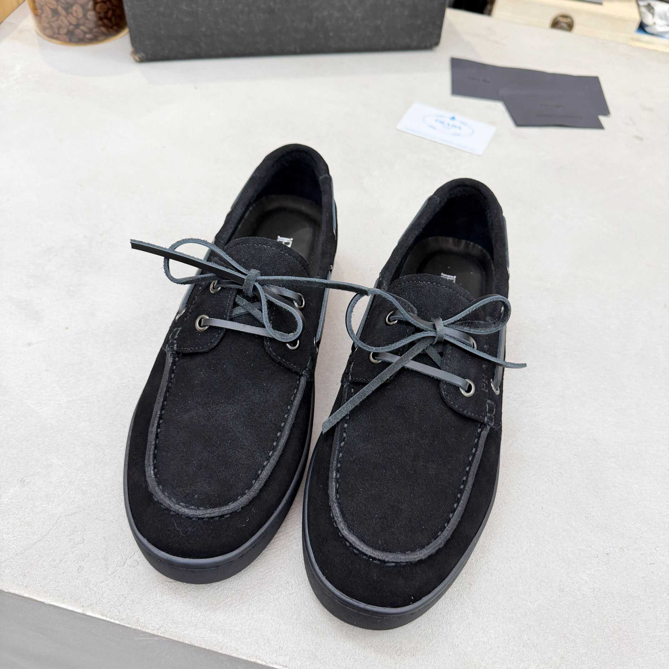 Prada Suede Boat Shoes With Laces - FashionPlug