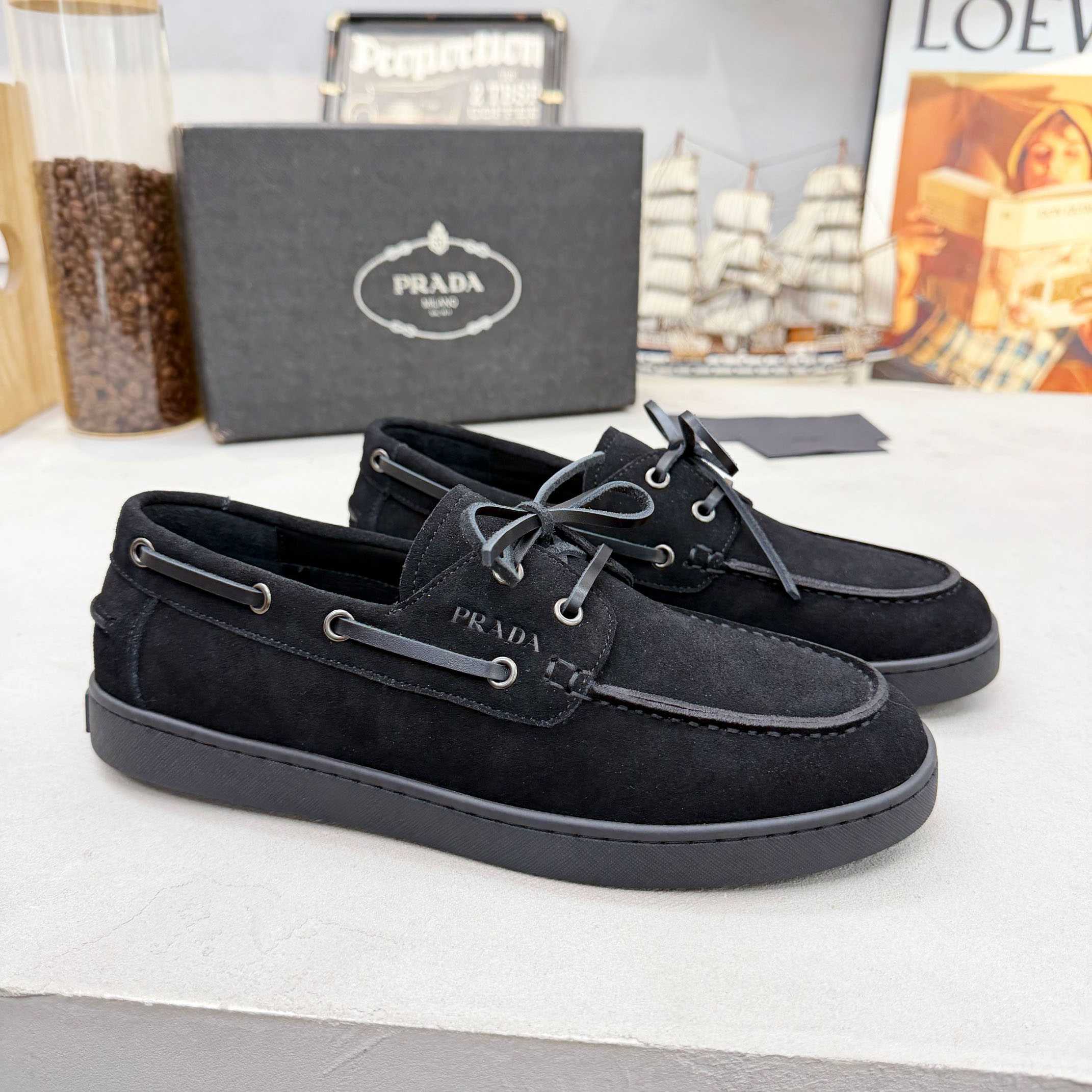 Prada Suede Boat Shoes With Laces - FashionPlug