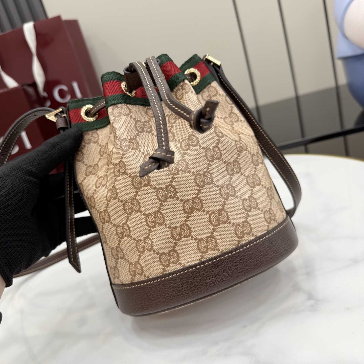 Gucci Mini Bucket Bag With Web - FashionPlug