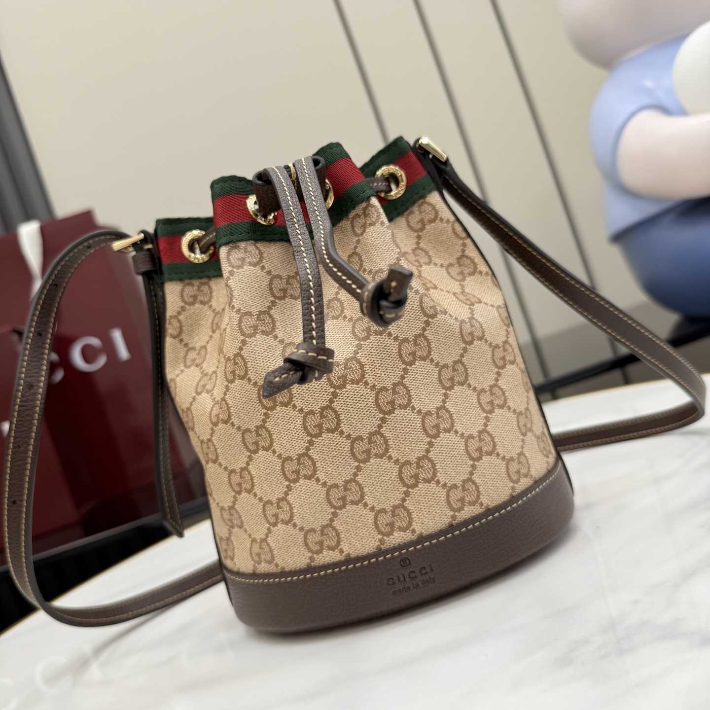 Gucci Mini Bucket Bag With Web - FashionPlug