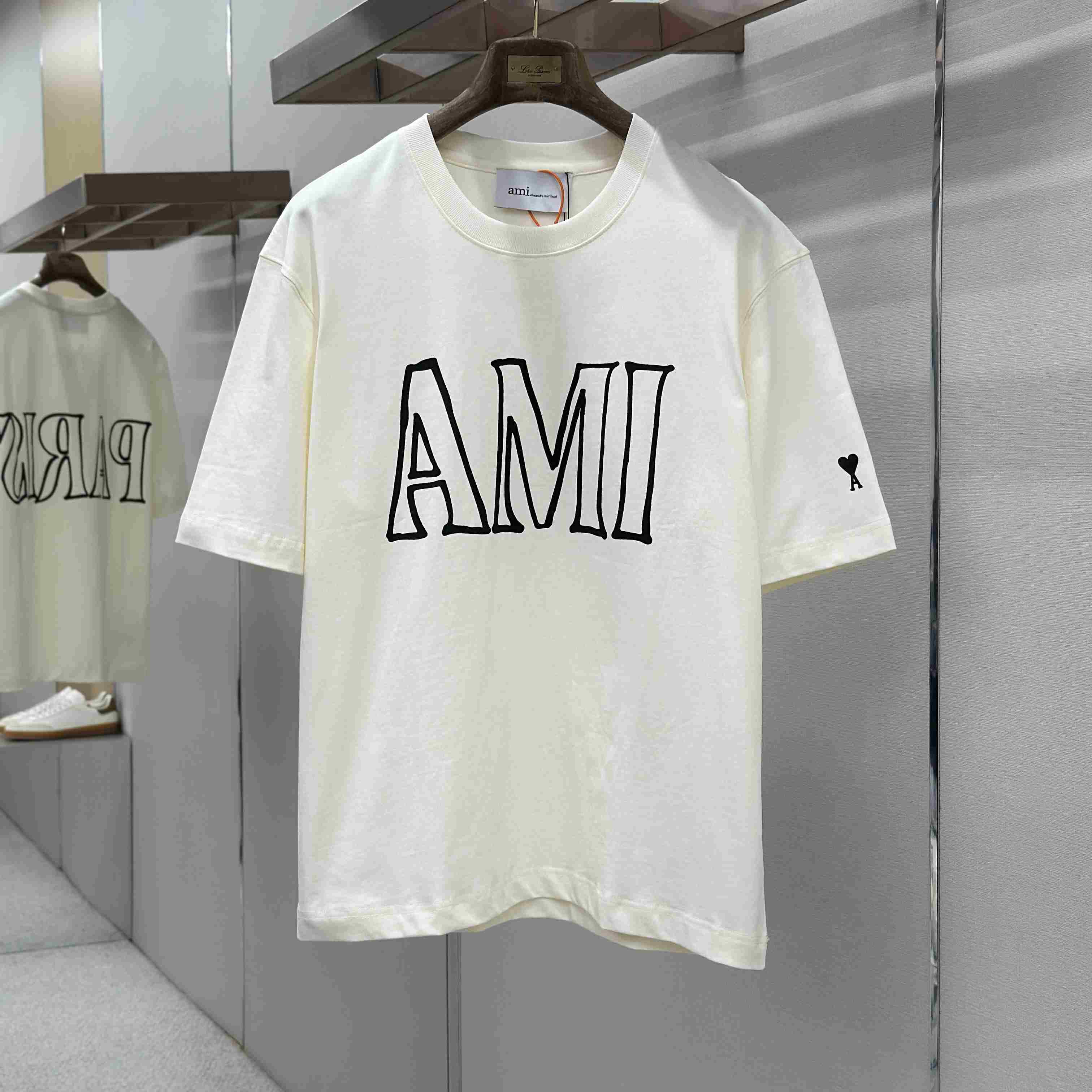 AMI Paris White Cotton Ami Paris Print T-shirt - FashionPlug