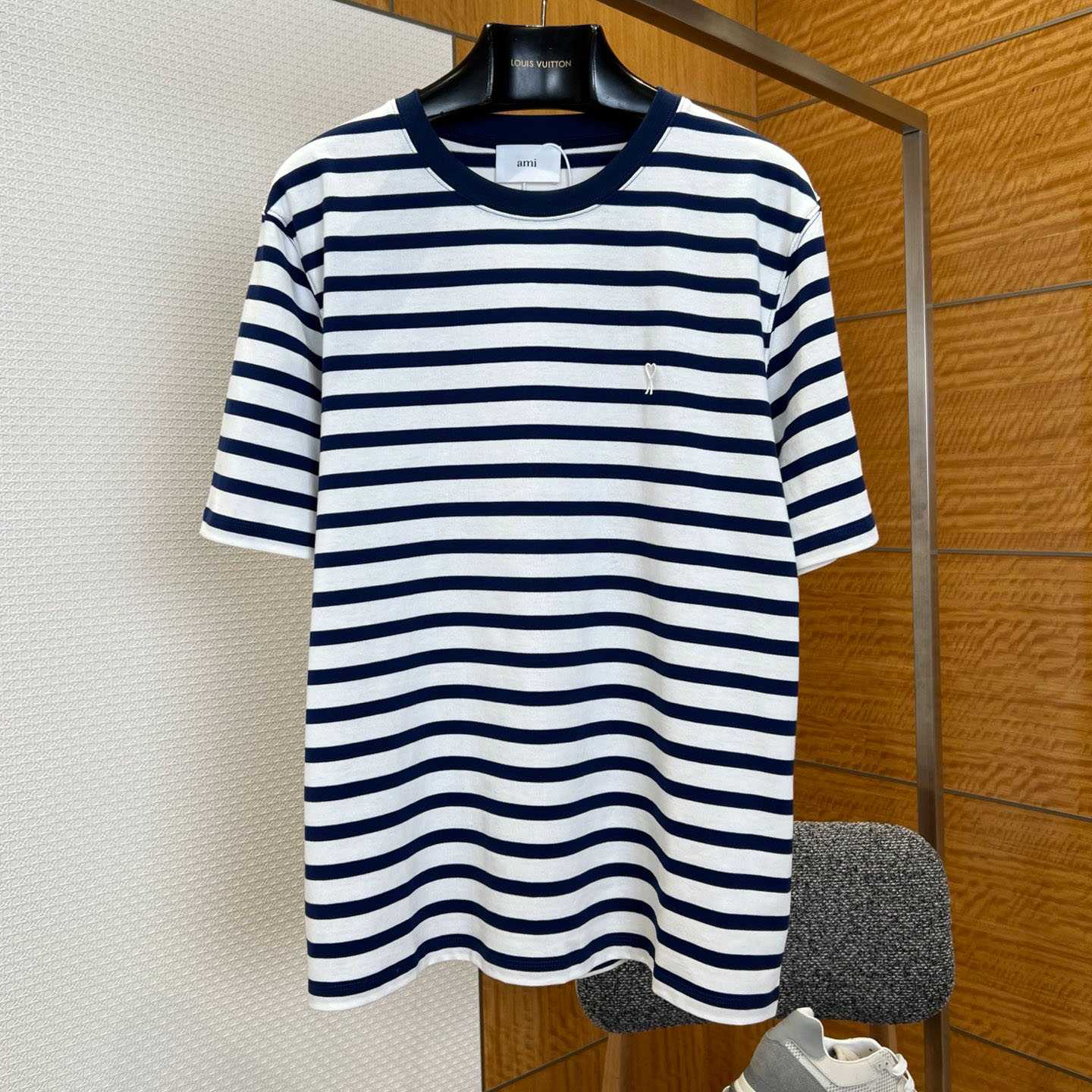 AMI Paris White & Navy Boxy Mariniere 'Ami De Coeur' T-shirt - FashionPlug