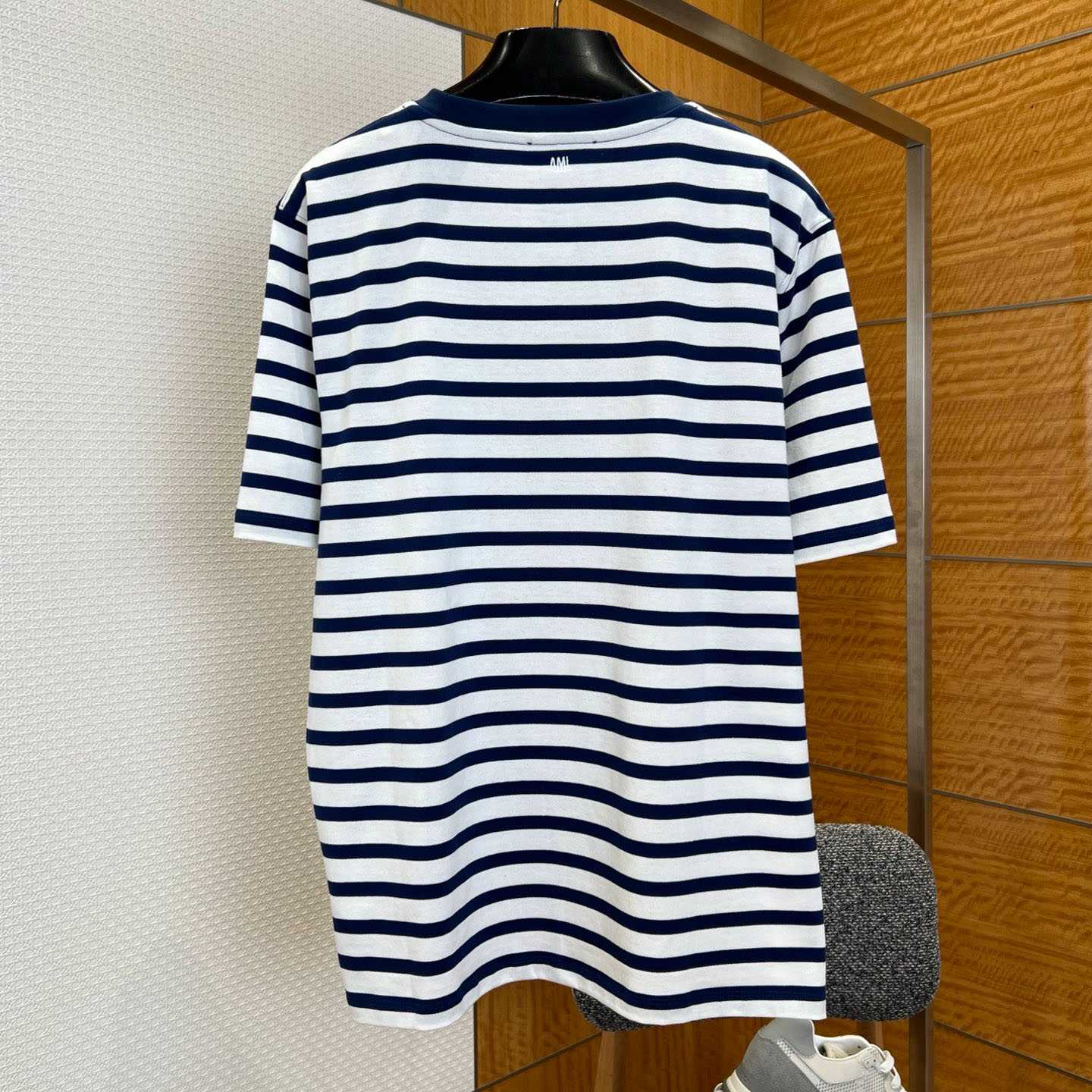 AMI Paris White & Navy Boxy Mariniere 'Ami De Coeur' T-shirt - FashionPlug
