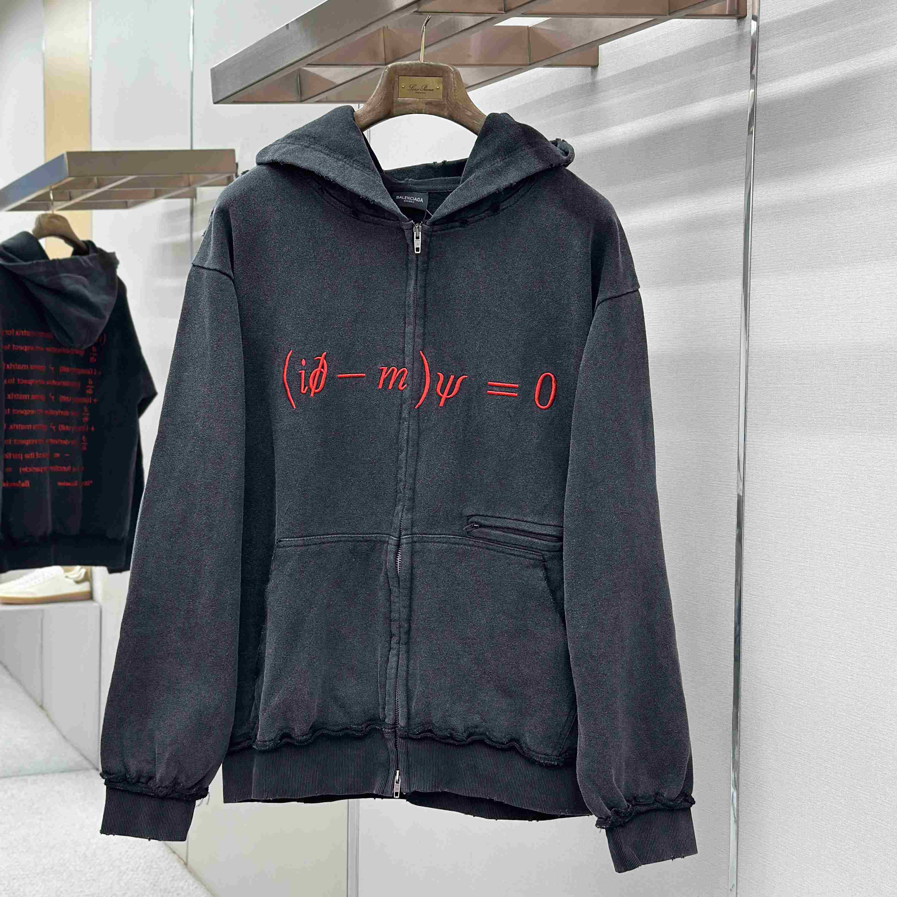 Balenciaga Dirac Equation Pulled Large Fit Zip-up Hoodie In Washed Black/Red - FashionPlug