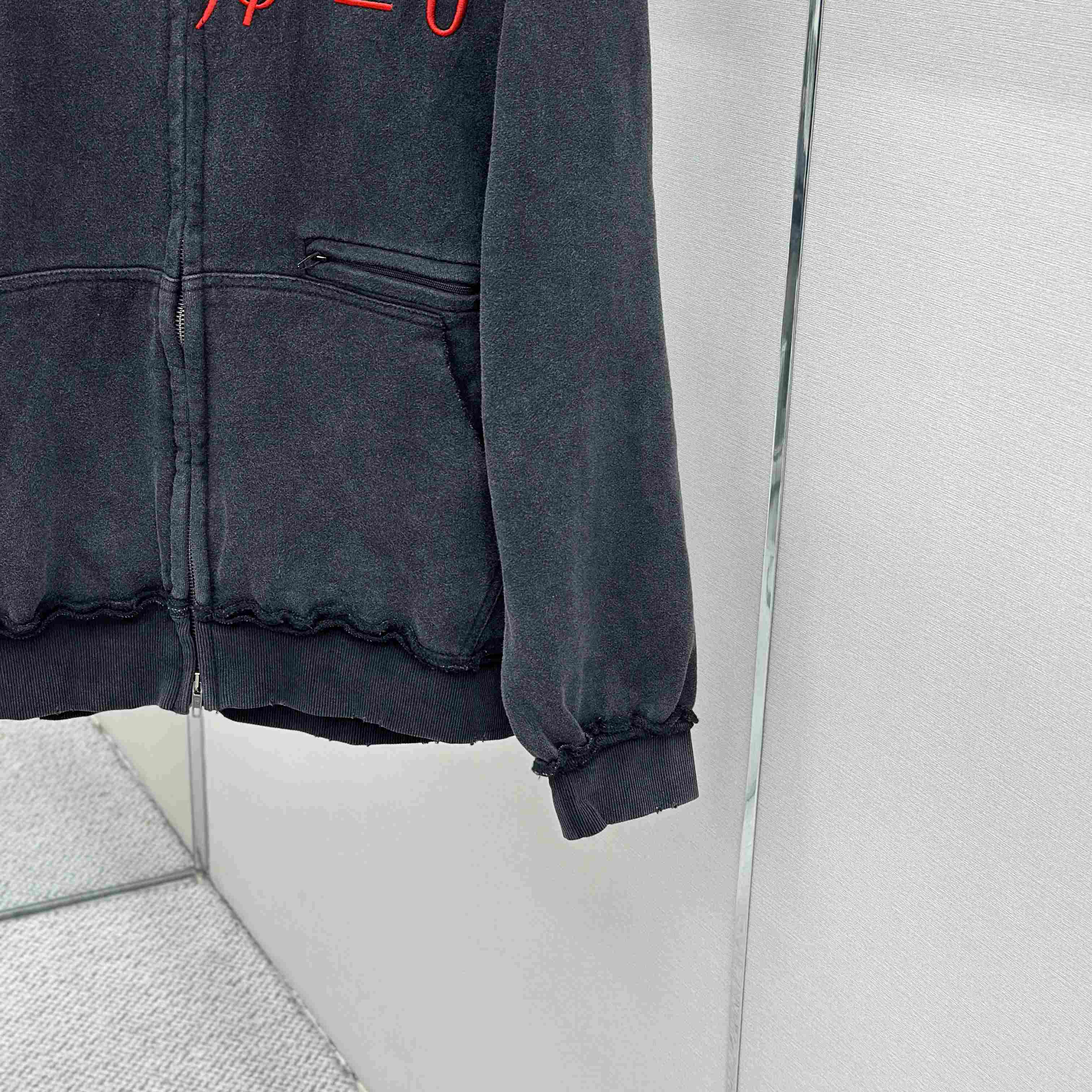 Balenciaga Dirac Equation Pulled Large Fit Zip-up Hoodie In Washed Black/Red - FashionPlug