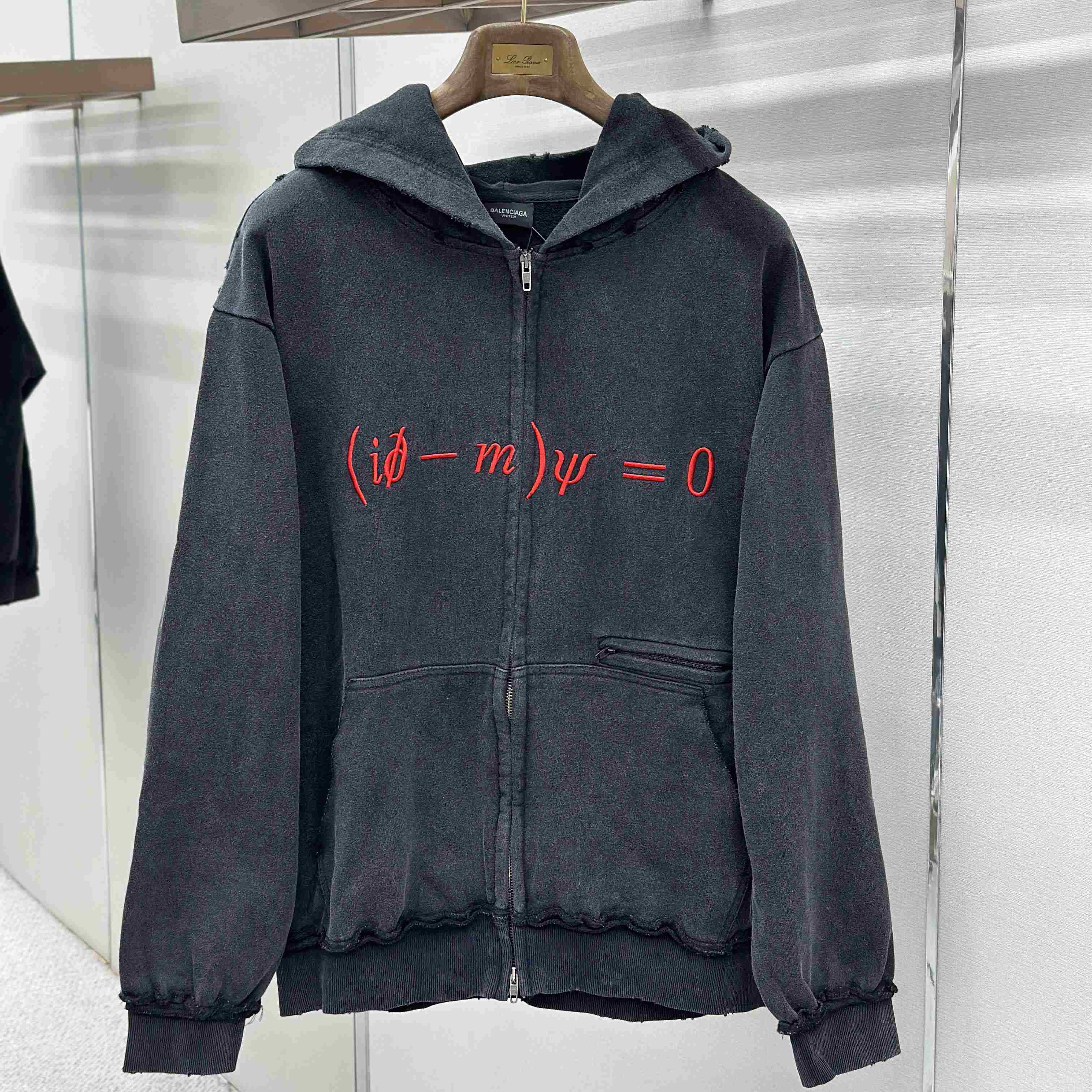 Balenciaga Dirac Equation Pulled Large Fit Zip-up Hoodie In Washed Black/Red - FashionPlug