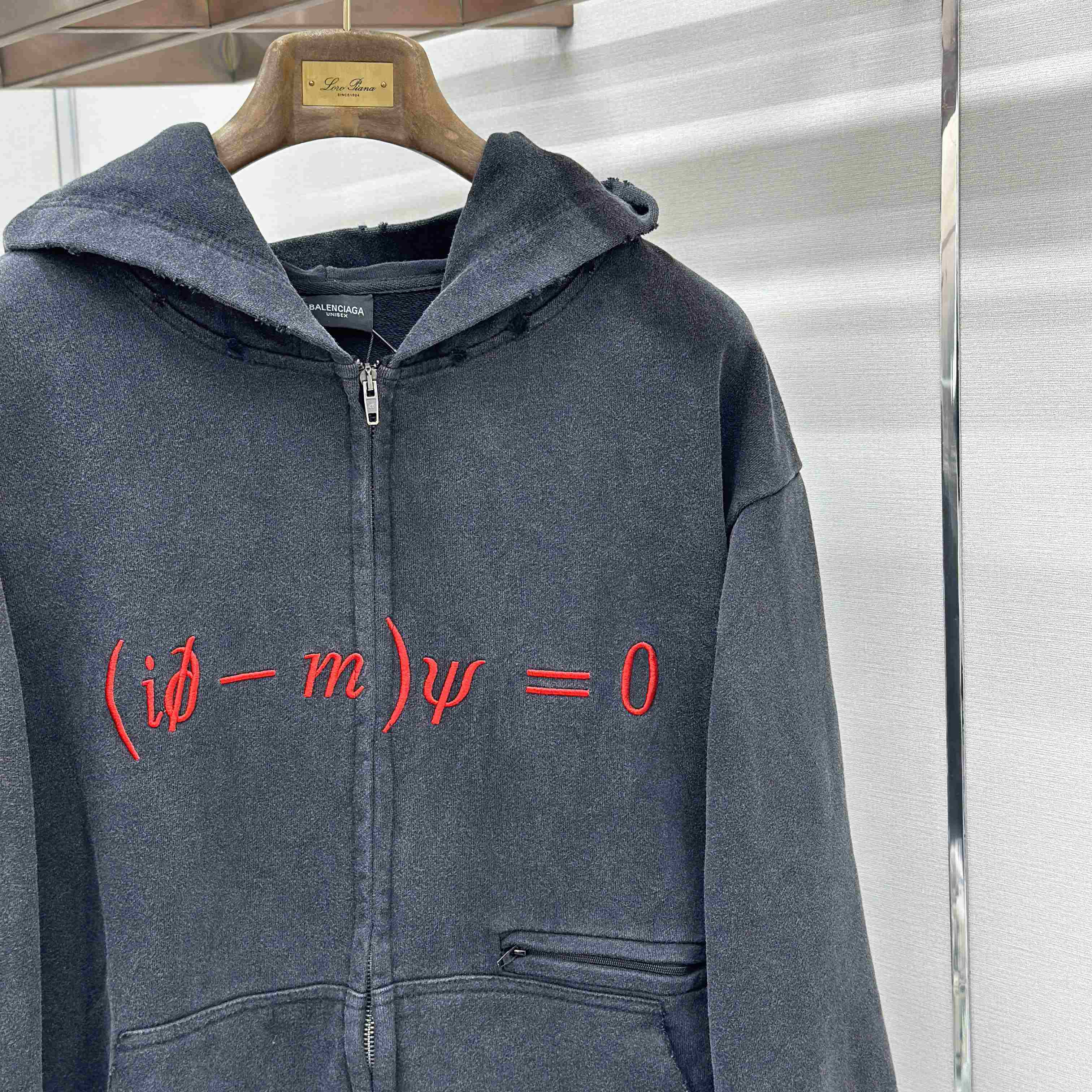 Balenciaga Dirac Equation Pulled Large Fit Zip-up Hoodie In Washed Black/Red - FashionPlug
