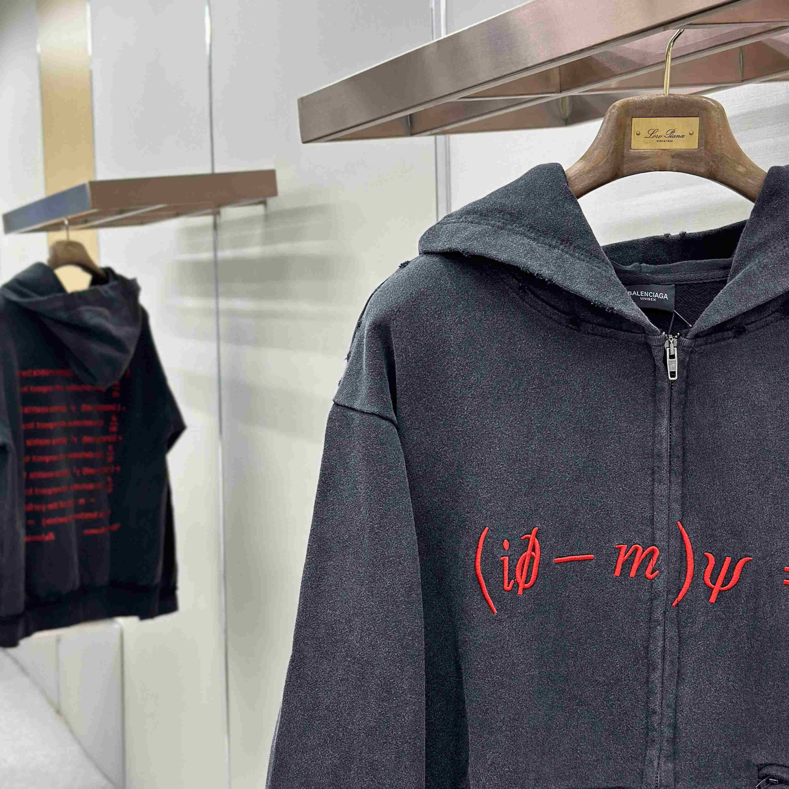 Balenciaga Dirac Equation Pulled Large Fit Zip-up Hoodie In Washed Black/Red - FashionPlug
