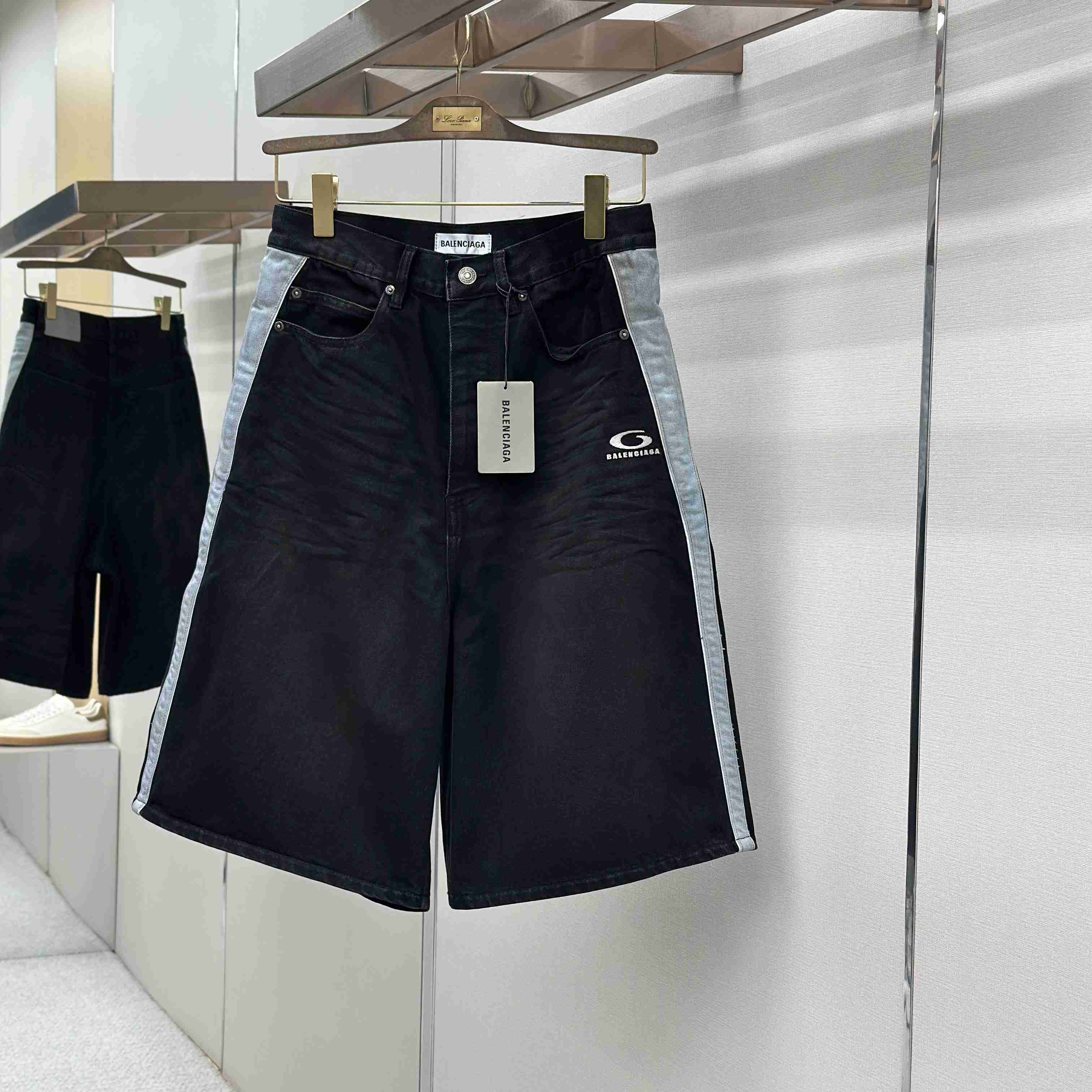 Balenciaga Piping Detail Denim Shorts In Black/Dark Brown - FashionPlug