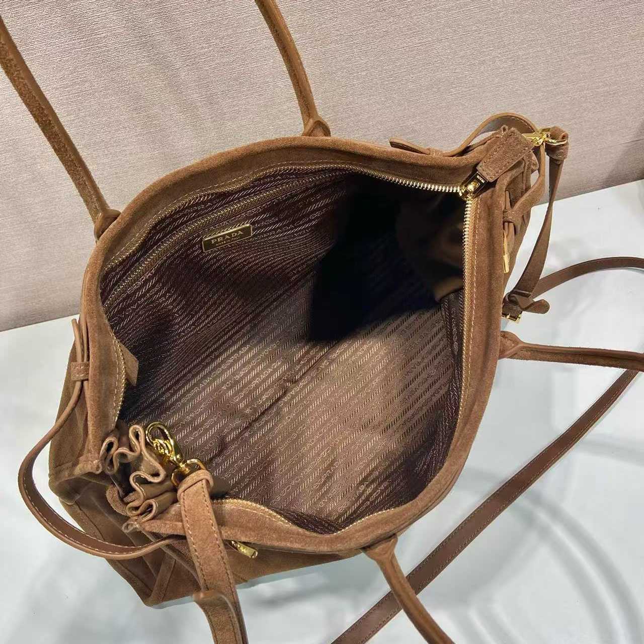 Prada Prada Bonnie Large Suede Handbag - FashionPlug