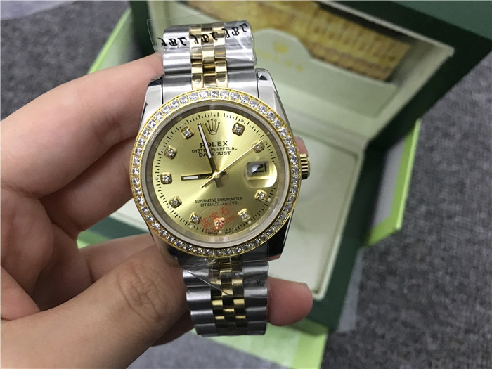 Rolex High Quality Datejust Stainless Steel and Jubille Bracelet Champagne Diamond Dial Full Diamond Bezel Watch - FashionPlug