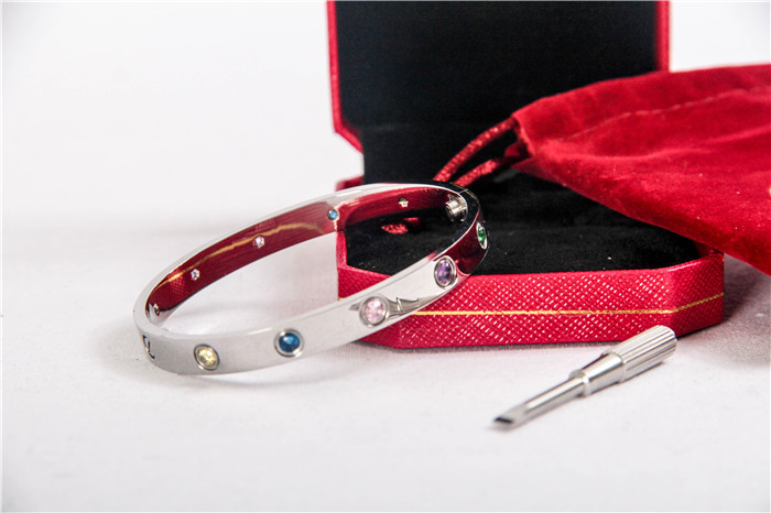 Cartier Love Bracelet Silver With Colorful Stones - FashionPlug