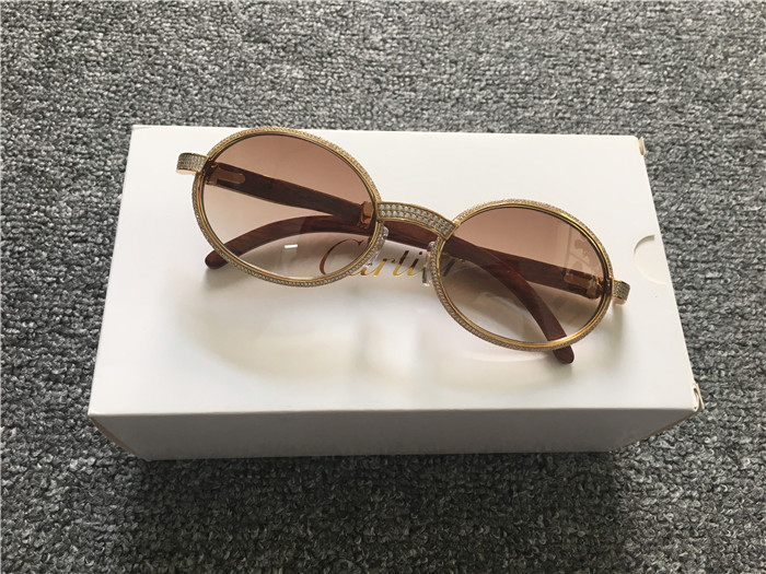 Cartier 7550178 55-22 Full Diamond Wood Sunglasses In Gold Brown - FashionPlug