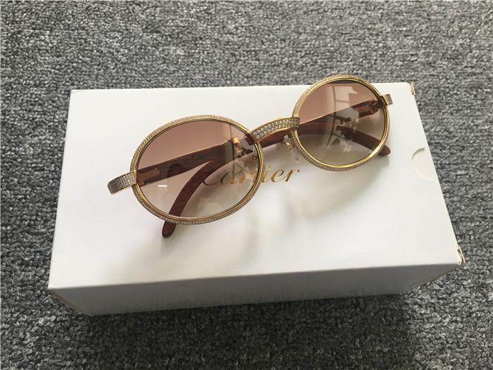 Cartier 7550178 55-22 Full Diamond Wood Sunglasses In Gold Brown - FashionPlug