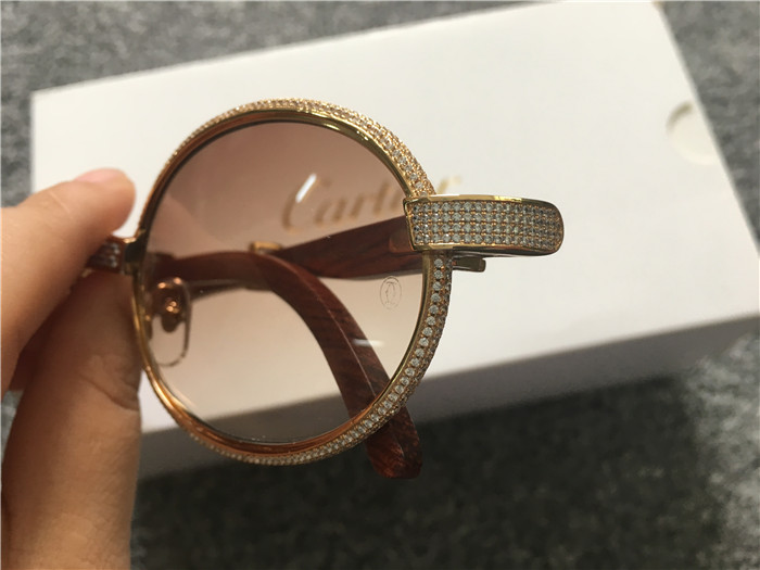 Cartier 7550178 55-22 Full Diamond Wood Sunglasses In Gold Brown - FashionPlug