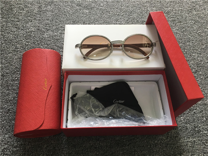 Cartier 7550178 57-22 Full Diamond Wood Sunglasses In Silver Brown - FashionPlug