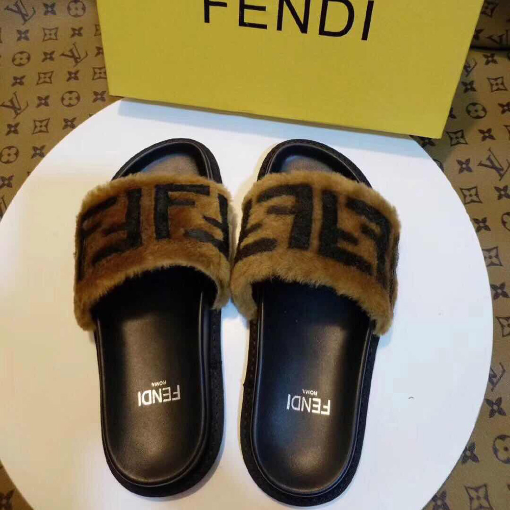 Fendi Brown Leather And Sheepskin Slides - FashionPlug