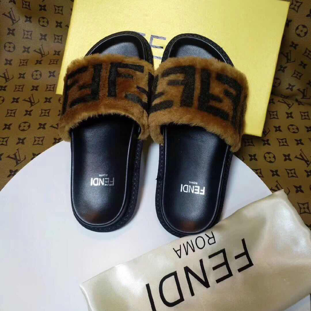 Fendi Brown Leather And Sheepskin Slides - FashionPlug
