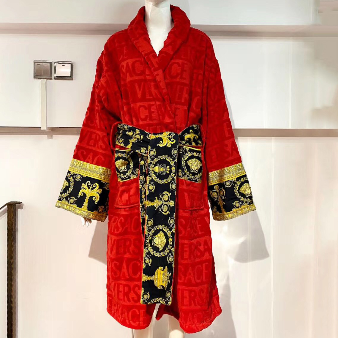 Versace Baroque Logo Jacquard Red Bathrobe - FashionPlug