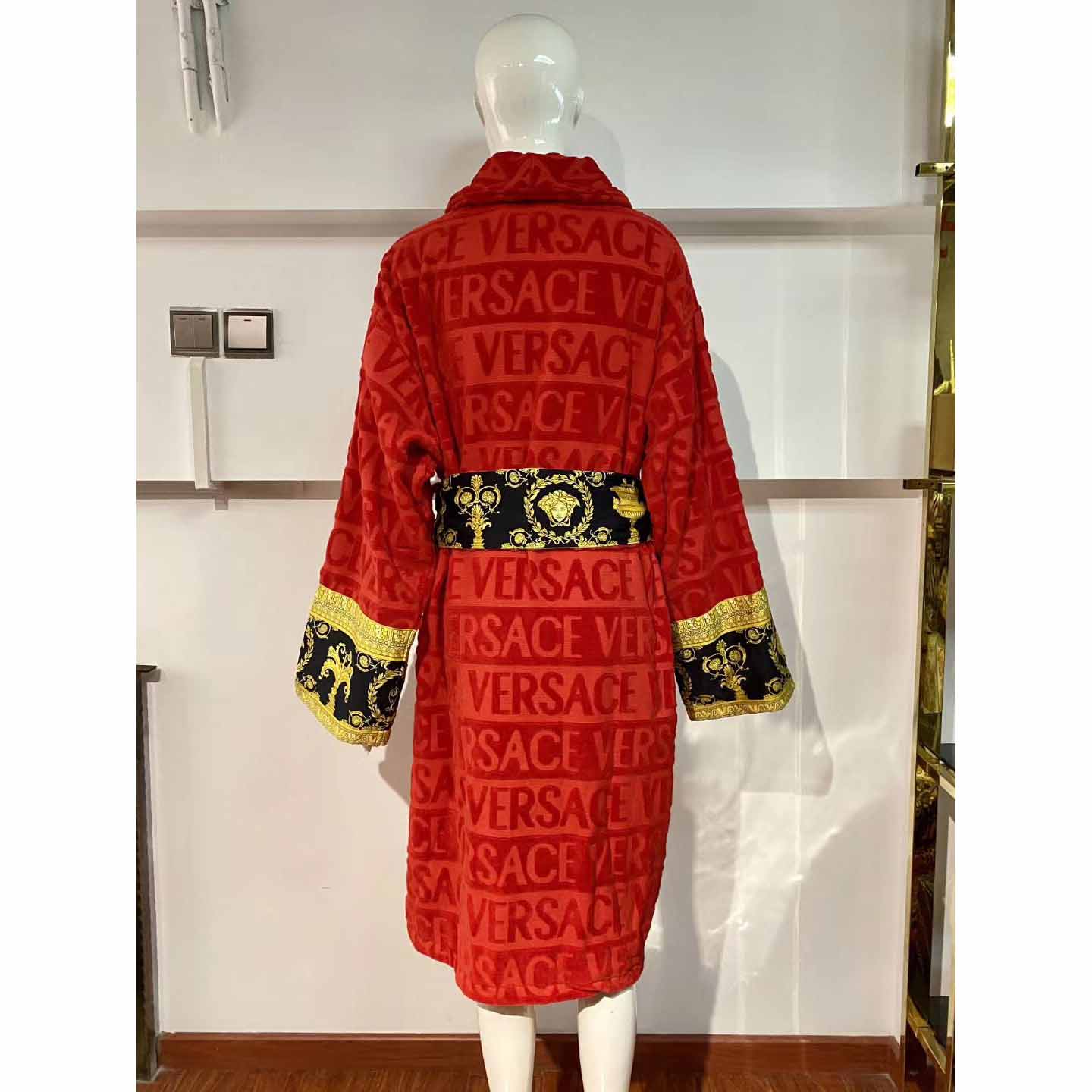 Versace Baroque Logo Jacquard Red Bathrobe - FashionPlug