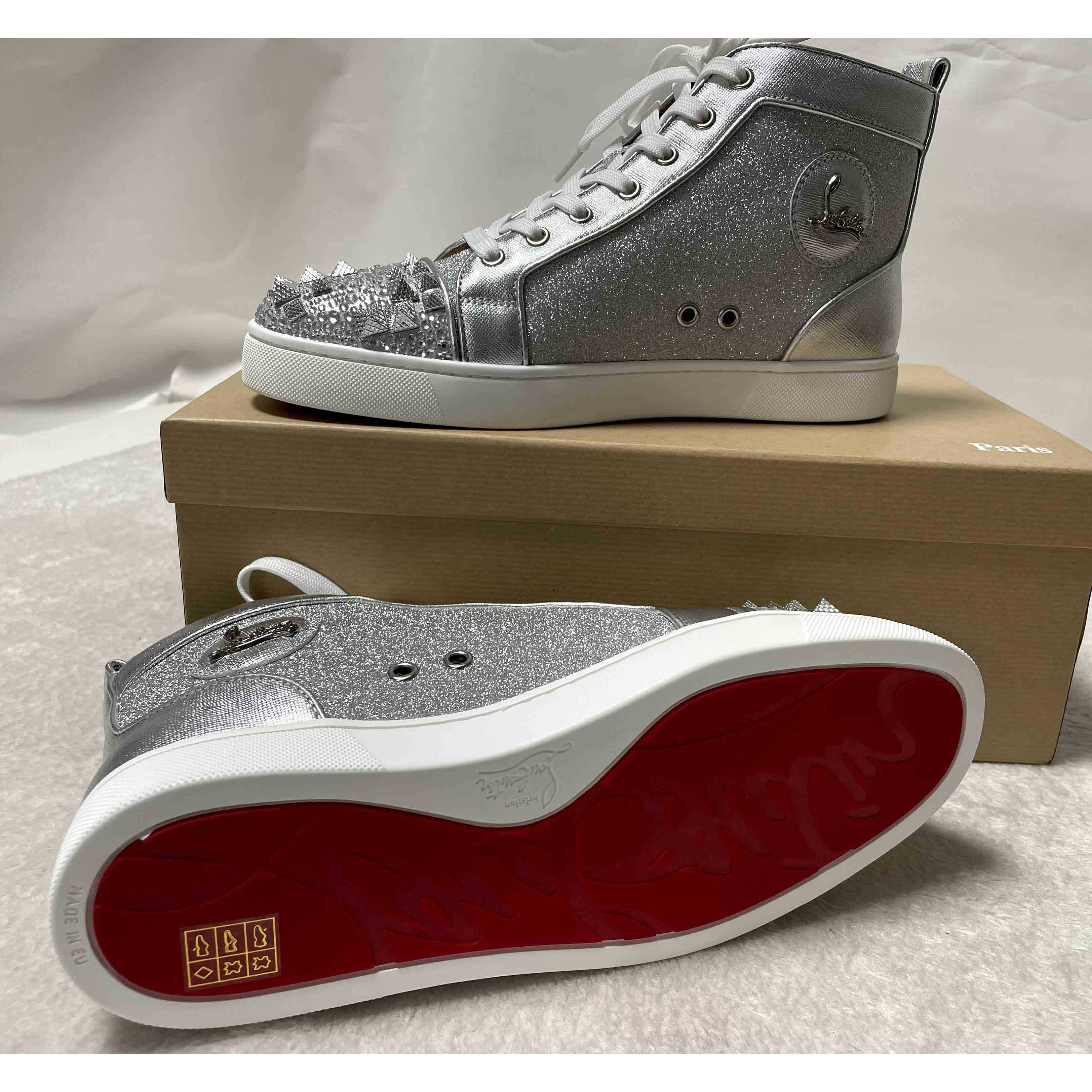 Christian Louboutin Men's Studded Metallic Leather High-Top Sneakers - FashionPlug