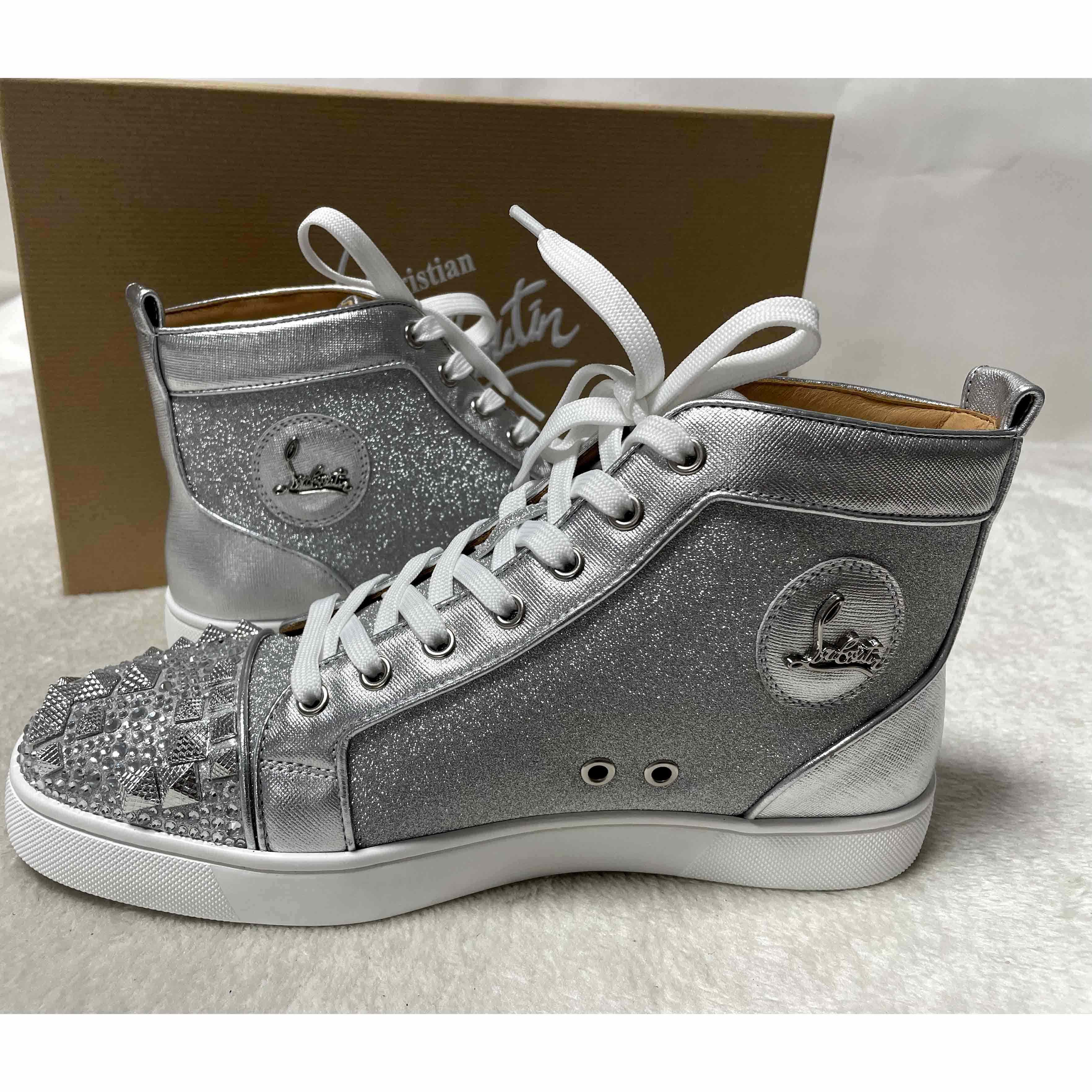 Christian Louboutin Men's Studded Metallic Leather High-Top Sneakers - FashionPlug