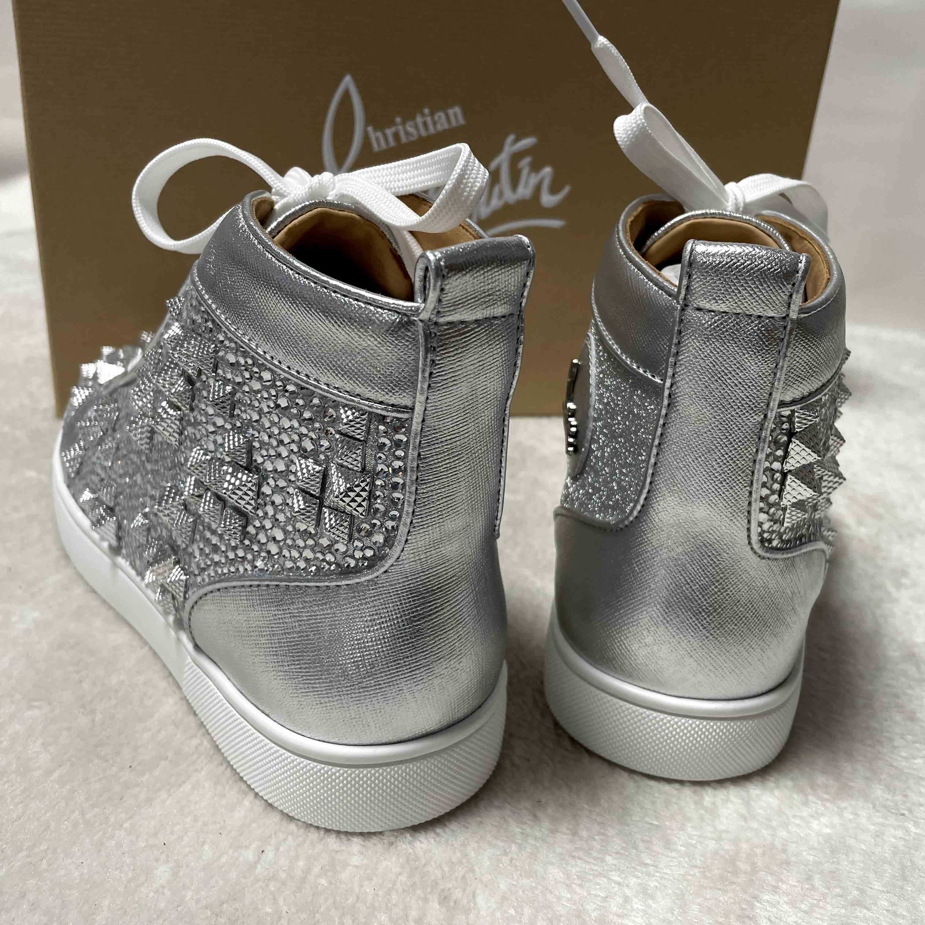Christian Louboutin Men's Studded Metallic Leather High-Top Sneakers - FashionPlug