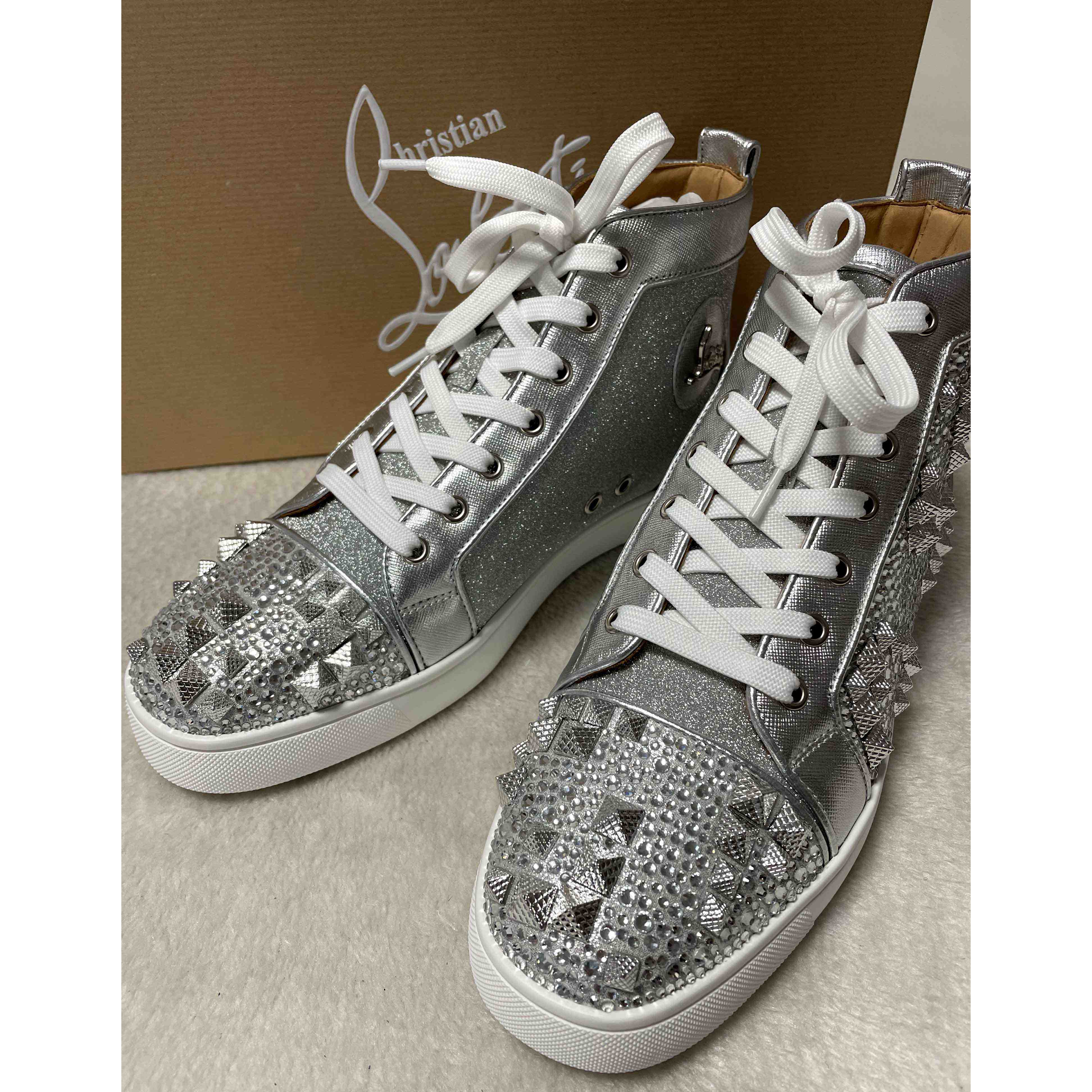 Christian Louboutin Men's Studded Metallic Leather High-Top Sneakers - FashionPlug