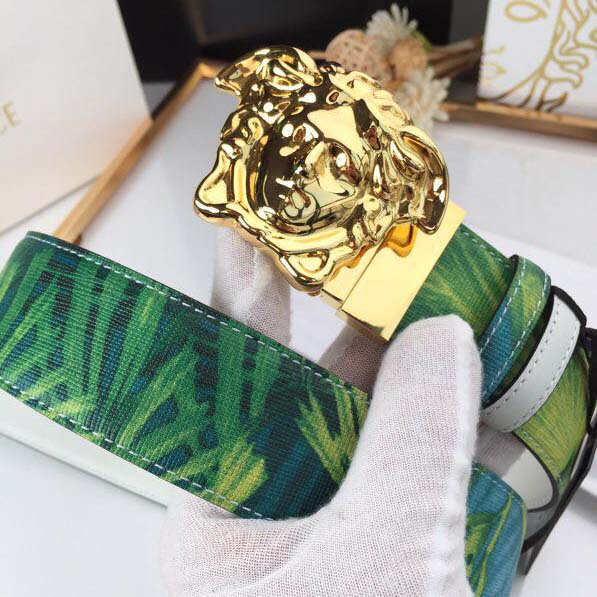 Versace Head Leather Green Belt With Gold Buckle - FashionPlug