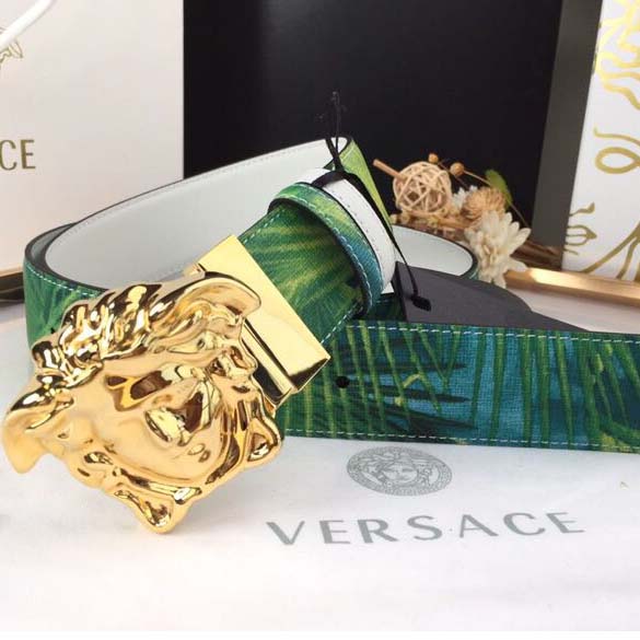 Versace Head Leather Green Belt With Gold Buckle - FashionPlug
