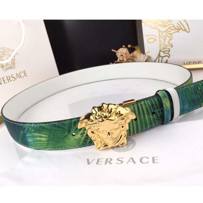 Versace Head Leather Green Belt With Gold Buckle - FashionPlug