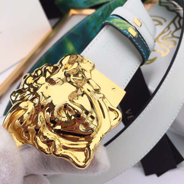 Versace Head Leather Green Belt With Gold Buckle - FashionPlug