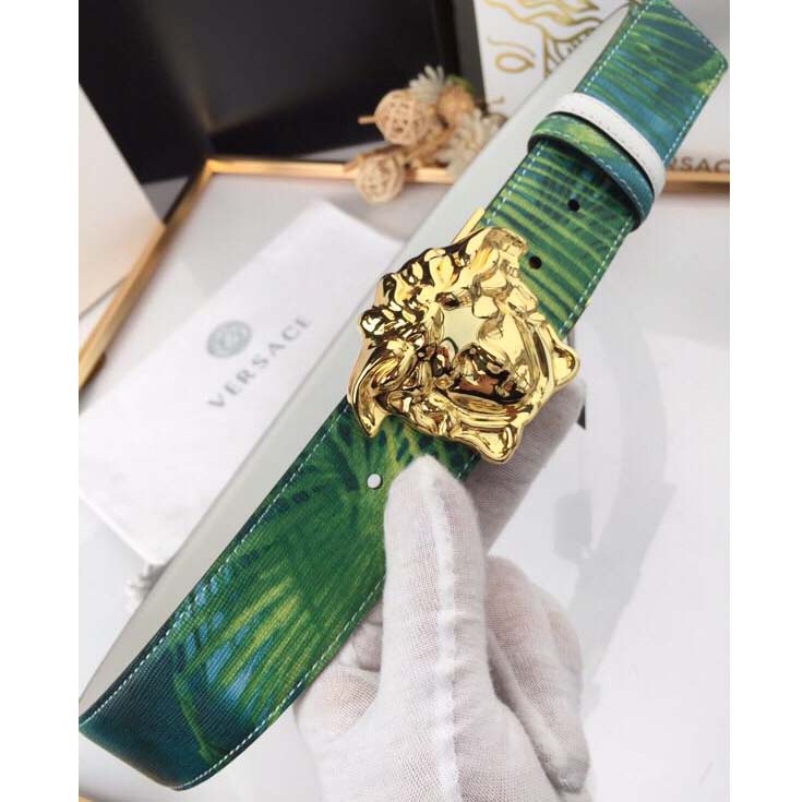 Versace Head Leather Green Belt With Gold Buckle - FashionPlug
